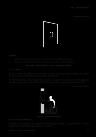 Dimensões em metros
1
2
0,10a0,30
0,90a1,00
1,30a1,40
Legenda
1 sinalização visual de forma contínua, com dimensão mínima de 50 mm de largura
2 sinalização visual emoldurando a porta, com dimensão mínima de 50 mm de largura
Figura 86 – Sinalização nas portas e paredes de vidro
6.11.3 Janelas
6.11.3.1 A altura das janelas deve considerar os limites de alcance visual conforme 4.8, exceto
em locais onde devam prevalecer a segurança e a privacidade.
6.11.3.2 Cada folha ou módulo de janela deve poder ser operado com um único movimento, utilizando
apenas uma das mãos, conforme Figura 87. Os comandos devem atender ao disposto em 4.6.9.
Dimensões em metros
0,60–1,20
Figura 87 – Alcance de janela
6.12 Circulação externa
Calçadas e vias exclusivas de pedestres devem ter piso conforme 6.3 e garantir uma faixa livre
(passeio) para a circulação de pedestres sem degraus.
73
ABNT NBR 9050:2015
© ABNT 2015 - Todos os direitos reservados
 