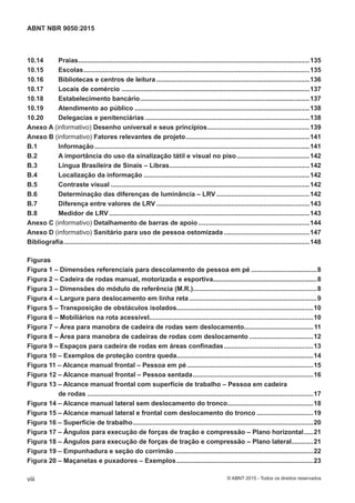 10.14 Praias...............................................................................................................................135
10.15 Escolas............................................................................................................................135
10.16 Bibliotecas e centros de leitura ....................................................................................136
10.17 Locais de comércio .......................................................................................................137
10.18 Estabelecimento bancário.............................................................................................137
10.19 Atendimento ao público ................................................................................................138
10.20 Delegacias e penitenciárias ..........................................................................................138
Anexo A (informativo) Desenho universal e seus princípios........................................................139
Anexo B (informativo) Fatores relevantes de projeto....................................................................141
B.1 Informação......................................................................................................................141
B.2 A importância do uso da sinalização tátil e visual no piso........................................142
B.3 Língua Brasileira de Sinais – Libras.............................................................................142
B.4 Localização da informação ...........................................................................................142
B.5 Contraste visual .............................................................................................................142
B.6 Determinação das diferenças de luminância – LRV ...................................................142
B.7 Diferença entre valores de LRV ....................................................................................143
B.8 Medidor de LRV..............................................................................................................143
Anexo C (informativo) Detalhamento de barras de apoio .............................................................144
Anexo D (informativo) Sanitário para uso de pessoa ostomizada ...............................................147
Bibliografia.......................................................................................................................................148
Figuras
Figura 1 – Dimensões referenciais para descolamento de pessoa em pé ....................................8
Figura 2 – Cadeira de rodas manual, motorizada e esportiva.........................................................8
Figura 3 – Dimensões do módulo de referência (M.R.)....................................................................8
Figura 4 – Largura para deslocamento em linha reta ......................................................................9
Figura 5 – Transposição de obstáculos isolados...........................................................................10
Figura 6 – Mobiliários na rota acessível..........................................................................................10
Figura 7 – Área para manobra de cadeira de rodas sem deslocamento......................................11
Figura 8 – Área para manobra de cadeiras de rodas com deslocamento ...................................12
Figura 9 – Espaços para cadeira de rodas em áreas confinadas.................................................13
Figura 10 – Exemplos de proteção contra queda...........................................................................14
Figura 11 – Alcance manual frontal – Pessoa em pé .....................................................................15
Figura 12 – Alcance manual frontal – Pessoa sentada..................................................................16
Figura 13 – Alcance manual frontal com superfície de trabalho – Pessoa em cadeira
de rodas ............................................................................................................................17
Figura 14 – Alcance manual lateral sem deslocamento do tronco...............................................18
Figura 15 – Alcance manual lateral e frontal com deslocamento do tronco ...............................19
Figura 16 – Superfície de trabalho...................................................................................................20
Figura 17 – Ângulos para execução de forças de tração e compressão – Plano horizontal.....21
Figura 18 – Ângulos para execução de forças de tração e compressão – Plano lateral............21
Figura 19 – Empunhadura e seção do corrimão ............................................................................22
Figura 20 – Maçanetas e puxadores – Exemplos...........................................................................23
viii
ABNT NBR 9050:2015
© ABNT 2015 - Todos os direitos reservados
 