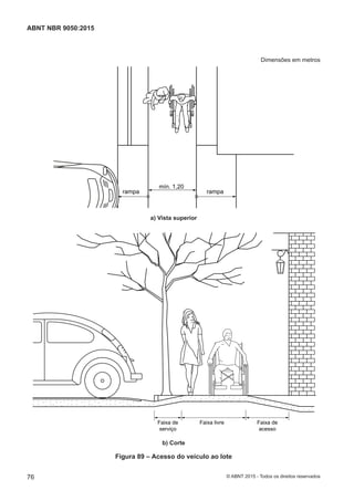 Dimensões em metros
rampa rampa
mín. 1,20
a) Vista superior
Faixa de
serviço
Faixa livre Faixa de
acesso
b) Corte
Figura 89 – Acesso do veículo ao lote
76
ABNT NBR 9050:2015
© ABNT 2015 - Todos os direitos reservados
 