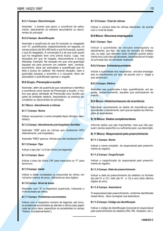 NBR 14023:1997 15
B.5.1 Campo: Discriminação
Assinalar o evento que gerou a ocorrência de salva-
mento, descartando os eventos secundários ou decor-
rentes do principal.
B.5.2 Campo: Quantificação
Assinalar a quadrícula do que foi buscado ou resgatado
com “X”, quantificando, respectivamente, em seguida, no
campo próprio (de 00 a 99) tanto o que foi buscado, quanto
o que foi resgatado. A convenção é a de que tudo aquilo
que foi resgatado teve uma prévia busca. Logo, nas
situações em que há resgate, desconsiderar a busca
efetuada. Exemplo: Na situação em que uma guarnição
(equipe) sai para procurar um cadáver, sem, contudo,
encontrá-lo, deve ser assinalado e quantificado que foi
feita a busca do cadáver. Na mesma situação, caso a
guarnição (equipe) o encontre e o recupere, deve ser
assinalado e quantificado apenas o resgate.
B.6 Grupo: Prevenção e auxílio
Assinalar, além da quadrícula que caracteriza e identifica
a ocorrência como sendo de Prevenção e Auxílio, o mo-
tivo que gerou atividade de Prevenção e/ou Auxílio por
parte da entidade relatora, descartando os eventos se-
cundários ou decorrentes do principal.
B.7 Bloco: Atendimento a vítimas
B.7.1 Campo: Nome
Indicar, se possível, o nome completo da(s) vítima(s) aten-
dida(s).
B.7.2 Campo: Atendimento pré-hospitalar Sim/Não
Assinalar “SIM” para as vítimas que receberam APH
(Atendimento pré-hospitalar).
Assinalar “NÃO” para as vítimas que não receberam APH.
B.7.3 Campo: Tipo
Indicar o tipo (de 1 a 3) de vítima (ver legenda).
B.7.4 Campo: Sexo
Indicar o sexo da vítima (“M” para masculino ou “F” para
feminino).
B.7.5 Campo: Idade
Indicar a idade constatada ou presumida da vítima, em
números inteiros de anos, utilizando-se dois dígitos.
B.7.6 Campo: Nível de lesão
Assinalar com “X” a respectiva quadrícula, indicando o
nível da lesão da vítima.
B.7.7 Campo: Problemas encontrados
Indicar com o respectivo número da legenda, até cinco,
os problemas encontrados ao atender a vítima (caso sejam
mais de cinco itens, especificar os excedentes no campo
“Dados Complementares”).
B.7.8 Campo: Total de vítimas
Indicar o número total de vítimas atendidas, de acordo
com o nível de lesão.
B.8 Bloco: Recursos empregados
B.8.1 Campo: Tipo
Indicar a quantidade de veículos empregados no
atendimento, por tipo. No caso de veículos de múltiplo
uso, ou seja, que atendam tanto incêndio quanto salva-
mento e/ou outro tipo de atividade, classificá-los em função
do principal tipo de atividade realizada.
B.8.2 Campo: Entidade/quantidade
Indicar a quantidade dos respectivos veículos emprega-
dos no atendimento por tipo, de acordo com o órgão a
que pertencem.
B.8.3 Campo: Efetivo
Assinalar nas quadrículas o tipo, quantificando, em se-
guida, respectivamente, aqueles que participaram do
evento.
B.9 Bloco: Histórico/resumo da ocorrência
Descrever sucintamente os dados de importância para
se entender o atendimento, sem que se repitam as informa-
ções já assinaladas.
B.10 Bloco: Dados complementares
Informar dados que são importantes, mas que não pos-
suem campo específico ou suficiente para sua descrição.
B.11 Bloco: Responsável pelo preenchimento
B.11.1 Campo: Nome
Indicar o nome completo do responsável pelo preenchi-
mento do registro.
B.11.2 Campo: Cargo/função
Indicar o cargo/função do responsável pelo preenchi-
mento do registro.
B.11.3 Campo: Data do preenchimento
Indicar a data do preenchimento do relatório no formato
dia (de 01 a 31), mês (de 01 a 12) e ano (dois últimos
dígitos do ano).
B.11.4 Campo: Assinatura
O responsável pelo preenchimento, conforme identificado
nesse bloco, deve consignar sua assinatura.
B.11.5 Campo: Código de identificação
Indicar o código de identificação funcional do responsável
pelo preenchimento do relatório (RG, RE, Cadastro, etc.).
/ ANEXO C
Cópia não autorizada
 