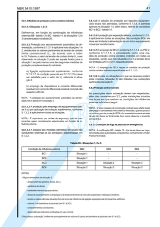 NBR 5410:1997 41
5.8.1.3 Medidas de proteção contra contatos indiretos
5.8.1.3.1 Situações 1, 2 e 3
Definem-se, em função da combinação de influências
externas BB - tabela 13 e BC - tabela 14, as situações 1,2 e
3 caracterizadas na tabela 26.
5.8.1.3.2 Proteção por seccionamento automático da ali-
mentação, conforme 5.1.3.1 é aplicável nas situações 1 e
2, obedecidos os valores pertinentes da tensão de contato
limite convencional UL
, de acordo com a tabe-
la 19. Todavia, o valor da tensão de contato limite UL
a ser
observado na situação 2 pode ser aquele fixado para a
situação 1 se pelo menos uma das seguintes medidas de
proteção complementares for adotada:
a) ligação eqüipotencial suplementar, conforme
5.1.3.1.7. A condição prescrita em 5.1.3.1.7-b) deve
ser satisfeita para o valor de UL
referente à situa-
ção 2;
b) emprego de dispositivos a corrente diferencial-
residual com corrente diferencial-residual nominal não
superior a 30 mA.
NOTA - A proteção por seccionamento automático da alimen-
tação não é aplicável na situação 3.
5.8.1.3.3 A proteção pelo emprego de equipamentos clas-
se II ou por aplicação de isolação suplementar, conforme
5.1.3.2, é aplicável em todas as situações.
NOTA - É importante, por razões de segurança, que os com-
ponentes sejam corretamente selecionados em função da in-
fluência externa.
5.8.1.3.4 A adoção das medidas admitidas em locais não
condutores restringe-se às condições especificadas em
5.1.3.3.
5.8.1.3.5 A adoção da proteção por ligações eqüipoten-
ciais locais não aterradas, conforme 5.1.3.4, é admitida
apenas na situação 1 e, além disso, restrita às condições
BC1 e BC2 - tabela 14.
5.8.1.3.6 A proteção por separação elétrica, conforme 5.1.3.5,
é aplicável em todas as situações. Na condição BC4, ela
deve ser limitada à alimentação de um único equipamento
móvel por transformador.
5.8.1.3.7 O emprego de SELV, conforme 5.1.1.1.4, ou PELV,
conforme 5.1.1.1.5, é considerado como uma me-
dida de proteção contra contatos indiretos em todas as
situações, sendo que nas situações 2 e 3 a tensão deve
ser limitada a 25 V e 12 V, respectivamente.
NOTA - O emprego de FELV requer as medidas de proteção
contra contatos indiretos especificadas em 5.1.1.3.3.
5.8.1.3.8 Locais ou situações em que as pessoas podem
estar imersas (situação 3) são tratadas nas subseções
pertinentes da seção 9.
5.8.2 Proteção contra incêndio
As prescrições desta subseção devem ser respeitadas,
além das constantes em 5.2, pelas instalações situadas
nos locais em que existam as condições de influências
externas indicadas a seguir.
NOTA - O poço (espaço de construção vertical) para efeito desta
prescrição é considerado linha elétrica embutida, quando possuir
no mínimo grau de proteção IP5X e for acessível somente através
do uso de chave ou ferramenta, bem como observar o prescrito
em 6.2.9.6.3.
5.8.2.1 Condições de fuga de pessoas em emergências
NOTA - A codificação BD - tabela 15 - dos locais deve ser regu-
lamentada pelas autoridades competentes, normalmente o Poder
Público Municipal.
Tabela 26 - Situações 1, 2 e 3
Condição de influência externa BB2 BB3 BB4
BC1 Situação 1 - -
BC2 Situação 1 - -
BC3 Situação 1 Situação 2 Situação 3
BC4 Situação 2 Situação 2 Situação 3
NOTAS
1 Alguns exemplos da situação 2:
- áreas externas (jardins, feiras, etc.);
- canteiros de obras;
- estabelecimentos agropecuários;
- áreas de acampamento (campings) e de estacionamento de veículos especiais e reboques (trailers);
- locais ou dependências situados fora da zona de influência da ligação eqüipotencial principal dos edifícios;
- volume 1 de banheiros e piscinas (ver 9.1 e 9.2);
- compartimentos condutores;
- dependências interiores molhadas em uso normal.
2 Na prática, a situação 3 refere-se principalmente ao volume 0 (zero) de banheiros e piscinas (ver 9.1 e 9.2).
Licença de uso exclusivo para Petrobrás S/A
Cópia impressa pelo Sistema Target CENWeb
 
