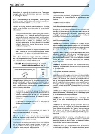 NBR 5410:1997 95
dispositivos de proteção do circuito terminal. Para que a
proteção seja efetiva, é necessário que sejam atendidas
as prescrições abaixo.
NOTA - Na determinação de valores para a proteção contra
correntes de curto-circuito, os dispositivos selecionados devem
atender às prescrições de 5.3.4, 5.7.4.2 e 6.3.4.3.
6.5.3.6.1 Os circuitos terminais que alimentam um só motor
podem ser protegidos contra correntes de curto-circuito
utilizando-se:
a) dispositivo fusível tipo g: para aplicações normais,
conforme 6.5.3.3, a corrente nominal do dispositivo
fusível não deve ser superior ao valor obtido multipli-
cando-se a corrente de rotor bloqueado do motor pelo
fator indicado na tabela 54; quando o valor ob-
tido não corresponder ao valor padronizado, pode ser
utilizado dispositivo fusível de corrente nominal
imediatamente superior;
b) disjuntor com corrente de disparo magnético maior
que a corrente de rotor bloqueado do motor, porém
não superior a 12 vezes a corrente nominal do motor.
NOTA - Para motores de indução fabricados conforme a
NBR 7094, pode ser adotado para a corrente de rotor bloqueado o
valor máximo admissível indicado naquela norma.
Tabela 54 - Fator para determinação da corrente
nominal máxima de fusíveis tipo “g”
Corrente de rotor bloqueado lp
(A) Fator
lp
≤ 40 0,5
40 . lp
. 500 0,4
500 . lp
0,3
6.5.3.6.2 Quando houver mais de um motor ou outras car-
gas alimentadas por um único circuito terminal, os motores
devem ser protegidos individualmente contra sobrecar-
gas e a proteção contra curtos-circuitos deve ser efetuada
por um dos seguintes meios:
a) utilizando-se um dispositivo de proteção capaz de
proteger os condutores de alimentação do motor de
menor corrente nominal e que não atue indevida-
mente sob qualquer condição de carga normal no
circuito; ou
b) utilizando-se proteção individual na derivação de
cada motor, conforme 6.5.3.6.1.
NOTAS
1 O meio referido na alínea b) é recomendado para motores de
potência nominal superior a 0,37 kW (0,5 CV).
2 Quando mais de um motor é alimentado por um único circuito
terminal, é preferível que as cargas de outra natureza sejam
alimentadas por outros circuitos terminais.
3 Um único circuito terminal pode alimentar um ou mais motores e
uma ou mais outras cargas, desde que cada um deles não
prejudique o funcionamento adequado dos demais e que as ou-
tras cargas sejam protegidas adequadamente.
6.5.4 Conversores
Os conversores devem ser, de preferência, alimentados
por intermédio de transformadores de enrolamentos se-
parados.
6.5.5 Bateria de acumuladores
6.5.5.1 Acumuladores portáteis ou móveis
A carga de acumuladores portáteis ou móveis deve ser
efetuada em um local onde os gotejamentos e projeções de
eletrólito e seus vapores não sejam prejudiciais; uma
ventilação suficiente deve ser assegurada e nenhuma
chama deve encontrar-se nas proximidades.
6.5.5.2 Acumuladores fixos
6.5.5.2.1 Os acumuladores instalados em local fixo devem
encontrar-se em locais de serviço elétrico ou em cubículos
fechados cujo acesso seja autorizado apenas ao pessoal
que esteja encarregado de seu serviço e manutenção.
6.5.5.2.2 Quando a tensão nominal das baterias de acumu-
ladores for superior a 150 V, deve ser previsto um piso de
serviço não derrapante, isolado do solo e projetado de forma
que não seja possível tocar o solo ou um elemento condutor
ligado ao solo e um dos elementos da bateria
simultaneamente.
6.5.5.2.3 Os isolantes utilizados nas proximidades ime-
diatas das baterias devem ser não hidrófilos por natureza
ou por tratamento.
6.5.6 Tomadas de corrente e extensões
6.5.6.1 Quando as linhas possuírem condutor de proteção,
a tomada de corrente deve ser única para os condutores
vivos e o de proteção. Nas tomadas de corrente com con-
tato de aterramento, este não deve poder entrar em con-
tato com os pinos vivos dos plugues; os contatos de aterra-
mento (da tomada e do plugue) devem se unir antes dos
contatos vivos e se separar após a separação dos conta-
tos vivos.
6.5.6.2 Quando se fizer uso de tensões ou de correntes de
naturezas diferentes, é necessário utilizar tomadas e plugues
de tipos distintos e não intercambiáveis.
6.5.6.3 Quando for necessário impedir a permutação dos
pólos ou das fases deve-se empregar tomadas assimé-
tricas.
6.5.6.4 Para a alimentação de equipamentos móveis e
portáteis através de tomadas de corrente, devem ser pre-
vistas disposições especiais para que um aparelho de uma
dada classe não possa ser utilizado em circunstân-
cias onde a proteção contra contato indireto não seja as-
segurada.
6.5.6.5 As tomadas de corrente e extensões devem ser
dispostas de maneira que as partes vivas nuas não sejam
acessíveis ao toque, tanto quando seus elementos esti-
verem unidos, quanto quando separados.
6.5.6.6 Nos locais que apresentem riscos de explosão
(condição BE3 - tabela 16), as tomadas de corrente, exten-
Licença de uso exclusivo para Petrobrás S/A
Cópia impressa pelo Sistema Target CENWeb
 
