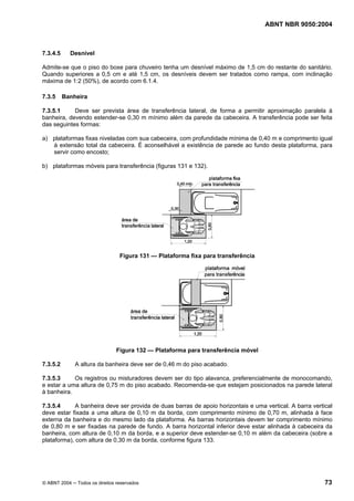 ABNT NBR 9050:2004
© ABNT 2004 ─ Todos os direitos reservados 73
7.3.4.5 Desnível
Admite-se que o piso do boxe para chuveiro tenha um desnível máximo de 1,5 cm do restante do sanitário.
Quando superiores a 0,5 cm e até 1,5 cm, os desníveis devem ser tratados como rampa, com inclinação
máxima de 1:2 (50%), de acordo com 6.1.4.
7.3.5 Banheira
7.3.5.1 Deve ser prevista área de transferência lateral, de forma a permitir aproximação paralela à
banheira, devendo estender-se 0,30 m mínimo além da parede da cabeceira. A transferência pode ser feita
das seguintes formas:
a) plataformas fixas niveladas com sua cabeceira, com profundidade mínima de 0,40 m e comprimento igual
à extensão total da cabeceira. É aconselhável a existência de parede ao fundo desta plataforma, para
servir como encosto;
b) plataformas móveis para transferência (figuras 131 e 132).
Figura 131 — Plataforma fixa para transferência
Figura 132 — Plataforma para transferência móvel
7.3.5.2 A altura da banheira deve ser de 0,46 m do piso acabado.
7.3.5.3 Os registros ou misturadores devem ser do tipo alavanca, preferencialmente de monocomando,
e estar a uma altura de 0,75 m do piso acabado. Recomenda-se que estejam posicionados na parede lateral
à banheira.
7.3.5.4 A banheira deve ser provida de duas barras de apoio horizontais e uma vertical. A barra vertical
deve estar fixada a uma altura de 0,10 m da borda, com comprimento mínimo de 0,70 m, alinhada à face
externa da banheira e do mesmo lado da plataforma. As barras horizontais devem ter comprimento mínimo
de 0,80 m e ser fixadas na parede de fundo. A barra horizontal inferior deve estar alinhada à cabeceira da
banheira, com altura de 0,10 m da borda, e a superior deve estender-se 0,10 m além da cabeceira (sobre a
plataforma), com altura de 0,30 m da borda, conforme figura 133.
 