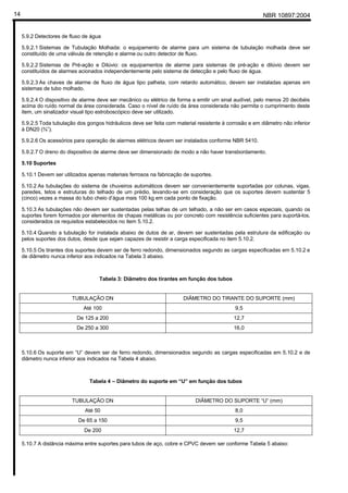 NBR 10897:200414
5.9.2 Detectores de fluxo de água
5.9.2.1 Sistemas de Tubulação Molhada: o equipamento de alarme para um sistema de tubulação molhada deve ser
constituído de uma válvula de retenção e alarme ou outro detector de fluxo.
5.9.2.2 Sistemas de Pré-ação e Dilúvio: os equipamentos de alarme para sistemas de pré-ação e dilúvio devem ser
constituídos de alarmes acionados independentemente pelo sistema de detecção e pelo fluxo de água.
5.9.2.3 As chaves de alarme de fluxo de água tipo palheta, com retardo automático, devem ser instaladas apenas em
sistemas de tubo molhado.
5.9.2.4 O dispositivo de alarme deve ser mecânico ou elétrico de forma a emitir um sinal audível, pelo menos 20 decibéis
acima do ruído normal da área considerada. Caso o nível de ruído da área considerada não permita o cumprimento deste
item, um sinalizador visual tipo estroboscópico deve ser utilizado.
5.9.2.5 Toda tubulação dos gongos hidráulicos deve ser feita com material resistente à corrosão e em diâmetro não inferior
à DN20 (¾”).
5.9.2.6 Os acessórios para operação de alarmes elétricos devem ser instalados conforme NBR 5410.
5.9.2.7 O dreno do dispositivo de alarme deve ser dimensionado de modo a não haver transbordamento.
5.10 Suportes
5.10.1 Devem ser utilizados apenas materiais ferrosos na fabricação de suportes.
5.10.2 As tubulações do sistema de chuveiros automáticos devem ser convenientemente suportadas por colunas, vigas,
paredes, tetos e estruturas do telhado de um prédio, levando-se em consideração que os suportes devem sustentar 5
(cinco) vezes a massa do tubo cheio d’água mais 100 kg em cada ponto de fixação.
5.10.3 As tubulações não devem ser sustentadas pelas telhas de um telhado, a não ser em casos especiais, quando os
suportes forem formados por elementos de chapas metálicas ou por concreto com resistência suficientes para suportá-los,
considerados os requisitos estabelecidos no item 5.10.2.
5.10.4 Quando a tubulação for instalada abaixo de dutos de ar, devem ser sustentadas pela estrutura da edificação ou
pelos suportes dos dutos, desde que sejam capazes de resistir a carga especificada no item 5.10.2.
5.10.5 Os tirantes dos suportes devem ser de ferro redondo, dimensionados segundo as cargas especificadas em 5.10.2 e
de diâmetro nunca inferior aos indicados na Tabela 3 abaixo.
Tabela 3: Diâmetro dos tirantes em função dos tubos
TUBULAÇÃO DN DIÂMETRO DO TIRANTE DO SUPORTE (mm)
Até 100 9,5
De 125 a 200 12,7
De 250 a 300 16,0
5.10.6 Os suporte em “U” devem ser de ferro redondo, dimensionados segundo as cargas especificadas em 5.10.2 e de
diâmetro nunca inferior aos indicados na Tabela 4 abaixo.
Tabela 4 – Diâmetro do suporte em “U” em função dos tubos
TUBULAÇÃO DN DIÂMETRO DO SUPORTE “U” (mm)
Até 50 8,0
De 65 a 150 9,5
De 200 12,7
5.10.7 A distância máxima entre suportes para tubos de aço, cobre e CPVC devem ser conforme Tabela 5 abaixo:
 