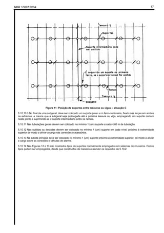 NBR 10897:2004 17
Figura 11: Posição de suportes entre tesouras ou vigas – situação C
5.10.10.3 No final de uma subgeral, deve ser colocado um suporte preso a m ferro-cantoneira, fixado nas terças em ambos
os extremos, a menos que a subgeral seja prolongada até a próxima tesoura ou viga, empregando um suporte comum
neste ponto e suprimindo-se o suporte intermediário entre os ramais.
5.10.11 Nas tubulações gerais devem ser colocado no mínimo 1 (um) suporte a cada 4,60 m de tubulação.
5.10.12 Nas subidas ou descidas devem ser colocado no mínimo 1 (um) suporte em cada nível, próximo à extremidade
superior de modo a aliviar a carga nas conexões e acessórios.
5.10.13 Na subida principal deve ser colocado no mínimo 1 (um) suporte próximo à extremidade superior, de modo a aliviar
a carga sobre as conexões e válvulas de alarme.
5.10.14 Nas Figuras 12 e 13 são mostrados tipos de suportes normalmente empregados em sistemas de chuveiros. Outros
tipos podem ser empregados, desde que construídos de maneira a atender os requisitos de 5.10.2.
 