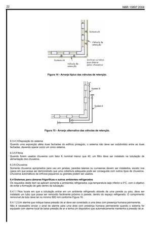 NBR 10897:200422
Figura 14 - Arranjo típico das válvulas de retenção.
Figura 15 - Arranjo alternativo das válvulas de retenção.
6.3.4.3 Disposição do sistema
Quando uma exposição afeta duas fachadas do edifício protegido, o sistema não deve ser subdividido entre as duas
fachadas, devendo operar como um único sistema.
6.3.5 Filtros
Quando forem usados chuveiros com fator K nominal menor que 40, um filtro deve ser instalado na tubulação de
alimentação dos chuveiros.
6.3.6 Chuveiros
Somente chuveiros apropriados para uso em janelas, paredes laterais ou cumeeiras devem ser instalados, exceto nos
casos em que possa ser demonstrado que uma cobertura adequada pode ser conseguida com outros tipos de chuveiros.
Chuveiros automáticos de orifícios pequenos ou grandes podem ser usados.
6.4 Sistemas para câmaras frigoríficas e outros ambientes refrigerados
Os requisitos deste item se aplicam somente a ambientes refrigerados cuja temperatura seja inferior a 0°C, com o objetivo
de evitar a formação de gelo dentro da tubulação.
6.4.1.1 Nos locais em que a tubulação entrar em um ambiente refrigerado através de uma parede ou piso, deve ser
instalado um tubo que possa ser removido facilmente próximo à parede, dentro do espaço refrigerado. O comprimento
removível de tubo deve ter no mínimo 800 mm conforme Figura 16.
6.4.1.2 Um alarme que indique baixa pressão de ar deve ser conectado a uma área com presença humana permanente.
Não é necessário enviar o sinal de alarme para uma área com presença humana permanente quando o sistema for
equipado com alarme local de baixa pressão de ar e tenha um dispositivo que automaticamente mantenha a pressão de ar.
 