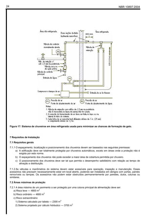NBR 10897:200424
Figura 17: Sistema de chuveiros em área refrigerada usada para minimizar as chances de formação de gelo.
7 Requisitos de Instalação
7.1 Requisitos gerais
7.1.1 O espaçamento, localização e posicionamento dos chuveiros devem ser baseados nas seguintes premissas:
a) A edificação deve ser totalmente protegida por chuveiros automáticos, exceto em áreas onde a proteção não é
exigida por esta norma.
b) O espaçamento dos chuveiros não pode exceder a maior área de cobertura permitida por chuveiro.
c) O posicionamento dos chuveiros deve ser tal que permita o desempenho satisfatório com relação ao tempo de
ativação e distribuição.
7.1.2 As válvulas e manômetros do sistema devem estar acessíveis para operação, inspeção e manutenção. Esses
acessórios não precisam necessariamente estar em local aberto, podendo ser instalados em abrigos com portas, painéis
removíveis ou tampas. Os acessórios não podem estar obstruídos permanentemente por paredes, dutos, colunas ou
similares.
7.2 Áreas máximas de proteção
7.2.1 A área máxima de um pavimento a ser protegido por uma coluna principal de alimentação deve ser:
a) Risco leve — 4800 m2
b) Risco ordinário — 4800 m
2
c) Risco extraordinário:
1) Sistema calculado por tabela — 2300 m
2
2) Sistema projetado por cálculo hidráulico — 3700 m2
 