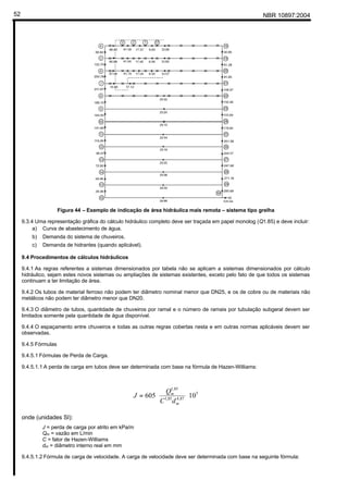 NBR 10897:200452
Figura 44 – Exemplo de indicação de área hidráulica mais remota – sistema tipo grelha
9.3.4 Uma representação gráfica do cálculo hidráulico completo deve ser traçada em papel monolog (Q1.85) e deve incluir:
a) Curva de abastecimento de água.
b) Demanda do sistema de chuveiros.
c) Demanda de hidrantes (quando aplicável).
9.4 Procedimentos de cálculos hidráulicos
9.4.1 As regras referentes a sistemas dimensionados por tabela não se aplicam a sistemas dimensionados por cálculo
hidráulico, sejam estes novos sistemas ou ampliações de sistemas existentes, exceto pelo fato de que todos os sistemas
continuam a ter limitação de área.
9.4.2 Os tubos de material ferroso não podem ter diâmetro nominal menor que DN25, e os de cobre ou de materiais não
metálicos não podem ter diâmetro menor que DN20.
9.4.3 O diâmetro de tubos, quantidade de chuveiros por ramal e o número de ramais por tubulação subgeral devem ser
limitados somente pela quantidade de água disponível.
9.4.4 O espaçamento entre chuveiros e todas as outras regras cobertas nesta e em outras normas aplicáveis devem ser
observadas.
9.4.5 Fórmulas
9.4.5.1 Fórmulas de Perda de Carga.
9.4.5.1.1 A perda de carga em tubos deve ser determinada com base na fórmula de Hazen-Williams:
5
87,485,1
85,1
10605 





=
m
m
dC
Q
J
onde (unidades SI):
J = perda de carga por atrito em kPa/m
Qm = vazão em L/min
C = fator de Hazen-Williams
dm = diâmetro interno real em mm
9.4.5.1.2 Fórmula de carga de velocidade. A carga de velocidade deve ser determinada com base na seguinte fórmula:
 