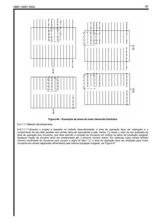 NBR 10897:2004 55
Figura 46 – Exemplos de áreas de maior demanda hidráulica
9.4.7.1.1 Método densidade/área
9.4.7.1.1.1 Quando o projeto é baseado no método área-densidade, a área de operação deve ser retangular e o
comprimento de seu lado paralelo aos ramais deve ser equivalente a pelo menos 1,2 vezes o valor da raiz quadrada da
área de operação dos chuveiros, que deve permitir a inclusão de chuveiros em ambos os lados da tubulação subgeral.
Qualquer fração de chuveiro deve ser arredondada até o próximo número inteiro. Em sistemas cujos ramais tenham
número insuficiente de chuveiros para cumprir a regra do fator 1,2, a área de operação deve ser ampliada para incluir
chuveiros em ramais adjacentes alimentados pela mesma tubulação subgeral, ver Figura 47.
 