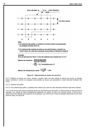 NBR 10897:200456
Figura 47 – Determinação do número de chuveiros
9.4.7.1.2 Método de cálculo por recinto. Quando o projeto é feito com pelo método de cálculo por recinto, os cálculos
devem considerar o recinto e os espaços comunicantes, se houver, que apresentem a maior demanda hidráulica (Ver
8.5.6).
9.4.7.2 Sistemas tipo grelha
9.4.7.2.1 Em sistemas tipo grelha, o projetista deve verificar que a área de maior demanda hidráulica está sendo utilizada.
9.4.7.2.2 No mínimo dois cálculos adicionais devem ser submetidos para demonstrar a máxima perda de carga da área de
operação, com relação às áreas imediatamente adjacentes em ambos os lados, nos mesmos ramais, a menos que o
cálculo tenha sido realizado por programas de computador, que confirme que a área de operação selecionada é a de maior
perda de carga, ver Figura 48.
 