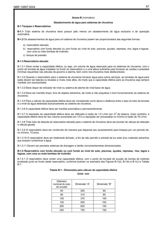 NBR 10897:2004 67
Anexo B (normativo)
Abastecimento de água para sistemas de chuveiros
B-1 Tanques e Reservatórios
B-1.1 Todo sistema de chuveiros deve possuir pelo menos um abastecimento de água exclusivo e de operação
automática.
B-1.2 Os abastecimentos de água para um sistema de chuveiros podem ser proporcionados das seguintes formas:
a) reservatório elevado;
b) reservatório com fundo elevado ou com fundo ao nível do solo, piscinas, açudes, represas, rios, lagos e lagoas,
com uma ou mais bombas de incêndio;
c) tanque de pressão.
B-1.3 Reservatório elevado
B-1.3.1 Deve conter a capacidade efetiva, ou seja, um volume de água reservado para os sistemas de chuveiros, com o
ponto de tomada de água instalado no fundo do reservatório e a uma altura suficiente para fornecer as vazões e pressões
mínimas requeridas nas válvulas de governo e alarme, bem como nos chuveiros mais desfavoráveis.
B-1.3.2 Quando o reservatório para o sistema de chuveiros fornecer água para outros serviços, as tomadas de água para
estes devem ser laterais ou levadas a níveis mais altos, de modo que a capacidade efetiva para os chuveiros seja sempre
mantida com exclusividade.
B-1.3.3 Deve dispor de indicador de nível ou sistema de alarme de nível baixo de água.
B-1.3.4 Deve ser mantido limpo, livre de objetos estranhos, de modo a não prejudicar o bom funcionamento do sistema de
chuveiros.
B-1.3.5 Para o cálculo da capacidade efetiva deve ser considerado como altura a distância entre o topo do tubo da tomada
e o nível da água destinada exclusivamente ao sistema de chuveiros.
B-1.3.6 A capacidade efetiva deve ser mantida automática e permanentemente.
B-1.3.7 A reposição da capacidade efetiva deve ser efetuada à razão de 1,0 L/min por m
3
de reserva. Caso contrário, a
capacidade efetiva deve ter seu volume aumentado em 1/3 e a reposição ser processada no mínimo à razão de 75 L/min.
B-1.3.8 Todo tubo de descida do reservatório elevado para o sistema de chuveiros deve ser provido de válvula de retenção
e válvula gaveta.
B-1.3.9 O reservatório deve ser construído de maneira que dispense seu esvaziamento para limpeza por um período de,
no mínimo, 15 anos.
B-1.3.10 O reservatório deve ser totalmente fechado, a fim de não permitir a entrada de luz solar e/ou materiais estranhos
que possam contaminar a água.
B-1.3.11 Devem ser previstos sistemas de drenagem e ladrão convenientemente dimensionados.
B-1.4 Reservatório com fundo elevado ou com fundo ao nível do solo, piscinas, açudes, represas, rios, lagos e
lagoas, com uma ou mais bombas de incêndio
B-1.4.1 O reservatório deve conter uma capacidade efetiva, com o ponto de tomada de sucção da bomba de incêndio
localizado junto ao fundo deste reservatório, conforme ilustram os exemplos das Figuras B-1(a), B-1(b) e B-1(c) e Tabela
B-1.
Tabela B-1 - Dimensões para cálculo da capacidade efetiva
Unid.: mm
Diâmetro
nominal do tubo
de sucção
Dimensão “A” Dimensão “B”
65 250 80
80 310 80
100 370 100
150 500 100
200 620 150
250 750 150
 