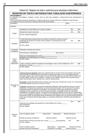 NBR 10897:200486
Tabela C2 - Registro de teste e materiais para tubulação subterrânea
REGISTRO DE TESTE E MATERIAIS PARA TUBULAÇÃO SUBTERRÂNEA
PROCEDIMENTO
A conclusão dos trabalhos, inspeção e testes, deve ser feita pelo instalador e testemunhado pelo representante do
proprietário.
Todos os problemas devem ser resolvidos e o sistema colocado em serviço antes que o instalador se retire da obra.
Um certificado deve ser preenchido e assinado pelas partes representadas.
Proprietário Data
Endereço
Instalação em conformidade com o aceito no projeto Sim Não
Equipamento usado é aprovado Sim Não
Projeto
Se não, explicar divergências
O responsável pelos equipamentos de combate a incêndios foi instruído quanto à
localização de válvulas de controle e sobre cuidados e manutenção dos novos
equipamentos?
Sim Não
Instruções
Se não, explicar
Localização
do sistema
Edificações atendidas pelo sistema
Tipos de tubos e classificação Tipo de junta
Tubos em conformidade com a norma ____________________
Montagem em conformidade com a norma ________________
Se não, explicar
Juntas e encaixes precisam de grampo de ancoragem, tiras ou outros métodos de
acordo com a norma ___________
Sim Não
Tubos e
juntas
conexões
subterrâneas
Se não, explicar
Descrição de
teste
Limpeza interna da tubulação: deixar que a água flua até que se torne clara como indicado, até que não
haja presença de material estranho nas bolsas de estopa colocadas em uma extremidade aberta da
tubulação. Vazão a não menos de 1500 L/min por tubo DN100, 3300 L/min por tubo DN150, 6.000 L/min
por tubo DN200, 9.300 L/min por DN250, e 13.300 L/min por DN300. Quando não for possível obter a
vazão recomendada, fazer a limpeza com a máxima vazão possível.
Hidrostático: O teste hidrostático deve ser feitos a não menos que 13,6 bars por 2 horas, ou 3,4 bars acima
da pressão estática maior que 10,2 bar por 2 horas.
Vazamento: gaxetas novas, se possuírem acabamento adequado, devem apresentar pouco ou nenhum
vazamento. A somatória de vazamentos em tal local não deve exceder 1,90 L/h por cada 100 junções,
independentemente do diâmetro da tubulação. Os vazamentos devem estar distribuídos por toda a
tubulação. Se tais vazamentos ocorrerem em poucas junções, a instalação deverá ser considerada
insatisfatória e necessitará reparos. A somatória de vazamentos permitidos acima pode ser incrementada
em 30 ml por polegada de diâmetro de válvula por hora (30ml/25mm/hr) para cada válvula metálica isolada
pela seção de teste. Se tubulações secas de hidrantes forem testadas com uma válvula principal aberta de
modo que os hidrantes fiquem pressurizados, um vazamento adicional de (150ml/min será permitido por
hidrante).
Vazão de nova tubulação não aparente em conformidade com a norma _______
pela (companhia)
Sim Não
Se não. Explicar
Como foi obtida a vazão? Rede pública Reservatório Bomba de Incêndio
Através de qual tipo de abertura? Bocal do hidrante Abertura do tubo
Direcionamento de fluxo de acordo com a norma _________ da (companhia) Sim Não
Se não, explanar
Como foi obtida a vazão? Rede pública Reservatório Bomba de incêndio
Testes de
vazão
Através de que tipo de abertura? Conexão em Y à flange Abertura do tubo
 