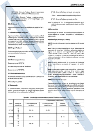 2 NBR 11578/1991
NBR 11582 - Cimento Portland - Determinação da ex-
pansibilidadedeLeChatelier-Métododeensaio
NBR 11583 - Cimento Portland e matérias-primas -
Determinação de anidrido carbônico (CO2
) por gaso-
metria-Métododeensaio
3 Definições
ParaosefeitosdestaNormasãoadotadasasdefiniçõesde3.1
a3.3.
3.1CimentoPortlandcomposto
Aglomerante hidráulico obtido pela moagem de clínquer Port-
land ao qual se adiciona, durante a operação, a quantidade
necessáriadeumaoumaisformasdesulfatodecálcio.Durante
a moagem é permitido adicionar a esta mistura materiais
pozolânicos, escórias granuladas de alto-forno e/ou materiais
carbonáticos,nosteoresespecificadosem4.2.
3.2Clínquer Portland
Produto constituído em sua maior parte de silicatos de cálcio
com propriedades hidráulicas.
3.3Adições
3.3.1 Materiais pozolânicos
DeacordocomaNBR5736.
3.3.2 Escória granulada de alto-forno
DeacordocomaNBR5735.
3.3.3 Materiais carbonáticos
Materiais finamente divididos constituídos em sua maior par-
tedecarbonatodecálcio.
4 Condições gerais
4.1Designação
O cimento Portland composto é designado pelas siglas a
seguir, que correspondem às adições e às suas classes
deresistênciaconformeindicadosnaTabela1.
Componentes(%emmassa)
Sigla Classede Clínquer+sulfatos Escóriagranulada Material Material
resistência decálcio dealto-forno pozolânico carbonático
25
CPII-E 32 94-56 6 - 34 — 0 - 10
40
25
CPII-Z 32 94-76 — 6 - 14 0 - 10
40
25
CPII-F 32 94-90 — — 6 - 10
40
Tabela1-TeoresdoscomponentesdocimentoPortlandcomposto
CP II-E- Cimento Portland composto com escória
CPII-Z-CimentoPortlandcompostocompozolana
CPII-F - CimentoPortland compostocom fíler
Nota: As classes 25, 32 e 40 representam os mínimos de re-
sistência à compressão aos 28 dias de idade, em MPa
(ver 5.2).
4.2Composição
A composição do cimento deve estar compreendida entre os
limites fixados na Tabela 1, em relação à massa total do
aglomerante.
4.3Embalagem,marcaçãoeentrega
4.3.1 O cimento pode ser entregue em sacos, contêiner ou a
granel.
4.3.2 Quandoocimentoéentregueem sacos,estesdevemter
impressos de forma bem visível, em cada extremidade, as
siglas e as classes correspondentes (CP II-E-25,
CP II-E-32, CP II-E-40, CP II-Z-25, CP II-Z-32, CP II-Z-40,
CP II-F-25, CP II-F-32, CP II-F-40), com 60 mm de altura no
mínimo e, no centro, a denominação normalizada - nome e
marcadofornecedor.
4.3.3 Os sacos devem conter 50 kg líquidos de cimento e
devem estar íntegros na ocasião da inspeção e do recebi-
mento.
4.3.4 No caso de entrega a granel ou contêiner, a documen-
tação que acompanha a entrega deve conter a sigla
correspondente (CP II-E, CP II-Z ou CP II-F), a classe (25, 32
ou 40), a denominação normalizada - nome e marca do
fornecedor-eamassalíquidadocimentoentregue.
4.4Armazenamentoemsacos
Os sacos de cimento devem ser armazenados em locais
bem secos e bem protegidos para preservação da qualidade,
e de forma que permita fácil acesso à inspeção e à identifi-
cação de cada lote. As pilhas devem ser colocadas sobre
estrados secos e não devem conter mais de dez sacos de
altura.
 