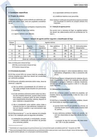 Cópia não autorizada
4                                                                                                                     NBR 12693/1993



    5 Condições específicas                                                     d) a capacidade extintora do extintor;

    5.1 Projeto do sistema                                                      e) a distância máxima a ser percorrida.

    O sistema de proteção contra incêndio por extintores, por-             Nota: Qualquer modificação dos parâmetros originais acarretará
    táteis e/ou sobre rodas, deve ser projetado consideran-                      uma reavaliação do sistema de proteção adotado e/ou
    do-se:                                                                       implantado.

            a) a classe de risco a ser protegida e respectiva área;        5.1.1 Seleção do agente extintor

            b) a natureza do fogo a ser extinto;                           De acordo com a natureza do fogo, os agentes extinto-
                                                                           res devem ser selecionados entre os constantes da Ta-
            c) o agente extintor a ser utilizado;                          bela 3.


                                Tabela 3 - Seleção do agente extintor segundo a classificação do fogo

     Classe                                                        Agente extintor
     de fogo
                      Água            Espuma             Espuma            Gás carbônico          Pó         Pó        Hidrocarbonetos
                                      química(3)         mecânica              (CO2)              B/C       A/B/C      halogenados
            A          (A)               (A)                (A)                  (NR)              (NR)         (A)         (A)
            B          (P)               (A)                (A)                  (A)               (A)          (A)         (A)
            C          (P)               (P)                (P)                  (A)               (A)          (A)         (A)
            D                  Deve ser verificada a compatibilidade entre o metal combustível e o agente extintor

    Nota: (A) Adequado à classe de fogo.
             (NR) Não recomendado à classe de fogo.
             (P) Proibido à classe de fogo.

    5.1.2 Condições de projeto                                                  b) riscos de classe C, como motores elétricos, trans-
                                                                                   formadores refrigerados a óleo e acessórios elé-
    5.1.2.1 No mínimo 50% do número total de unidades ex-                          tricos.
    tintoras exigidas para cada risco devem ser constituídos
    por extintores portáteis.                                              5.1.2.4 Devem possuir obrigatoriamente sistemas de pro-
                                                                           teção enquadrados no tipo 2 de instalação dos edifícios
    5.1.2.2 Quando utilizados extintores sobre rodas, deve-se              destinados a garagens coletivas e oficinas mecânicas,
    observar o seguinte:                                                   sempre que tenham área superior a 200 m2 e não pos-
                                                                           suam hidrantes.
            a) não se admite a possibilidade de um extintor so-
               bre rodas proteger locais situados em pavimentos            5.1.3 Arranjo físico (localização)
               diferentes;
                                                                           5.1.3.1 Os extintores podem, a critério do projetista, ser
            b) só são admitidos extintores sobre rodas nos cálcu-
                                                                           locados interna ou externamente à área de risco a ser
               los das unidades extintoras, quando estes tiverem
                                                                           protegida.
               livre acesso a qualquer parte da área protegida,
               sem impedimentos de portas, soleiras, degraus no
                                                                           5.1.3.2 Para a instalação dos extintores portáteis, devem
               piso, materiais e equipamentos;
                                                                           ser observadas as seguintes exigências:
            c) não é considerado como extintor sobre rodas o
               conjunto de dois ou mais extintores instalados so-               a) quando forem fixados em paredes ou colunas, os
               bre um mesmo suporte e cujo acionamento seja                        suportes devem resistir a três vezes a massa total
               individualizado.                                                    do extintor;

    5.1.2.3 Recomenda-se(4) o uso de sistemas de proteção                       b) para extintores portáteis fixados em parede, de-
    do tipo 2 de instalação para as seguintes atividades:                          vem ser observadas as seguintes alturas de mon-
                                                                                   tagem:
            a) instalações de produção e manipulação, armaze-
               namento e distribuição de derivados de petróleo                    - a posição da alça de manuseio não deve exce-
               e/ou solventes polares;                                              der 1,60 m do piso acabado;


    (3)
          Extintores com carga de espuma química tiveram sua norma de fabricação cancelada a partir de 1o de janeiro de 1990.
    (4)
      Esta recomendação é feita considerando-se que extintores sobre rodas permitem maior alcance de jato, tempo de descarga e vazão
    de agente extintor aplicado, em comparação a extintores portáteis.
 