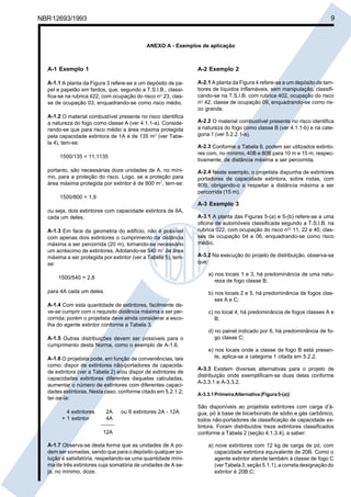 Cópia não autorizada
NBR 12693/1993                                                                                                           9



                                            ANEXO A - Exemplos de aplicação



  A-1 Exemplo 1                                                A-2 Exemplo 2

  A-1.1 A planta da Figura 3 refere-se a um depósito de pa-    A-2.1 A planta da Figura 4 refere-se a um depósito de tam-
  pel e papelão em fardos, que, segundo a T.S.I.B., classi-    bores de líquidos inflamáveis, sem manipulação, classifi-
  fica-se na rubrica 422, com ocupação do risco no 23, clas-   cando-se na T.S.I.B. com rubrica 402, ocupação do risco
  se de ocupação 03, enquadrando-se como risco médio.          no 42, classe de ocupação 09, enquadrando-se como ris-
                                                               co grande.
  A-1.2 O material combustível presente no risco identifica
  a natureza do fogo como classe A (ver 4.1.1-a). Conside-     A-2.2 O material combustível presente no risco identifica
  rando-se que para risco médio a área máxima protegida        a natureza do fogo como classe B (ver 4.1.1-b) e na cate-
  pela capacidade extintora de 1A é de 135 m2 (ver Tabe-       goria 1 (ver 5.2.2.1-a).
  la 4), tem-se:
                                                               A-2.3 Conforme a Tabela 6, podem ser utilizados extinto-
                                                               res com, no mínimo, 40B e 80B para 10 m e 15 m, respec-
       1500/135 = 11,1135
                                                               tivamente, de distância máxima a ser percorrida.
  portanto, são necessárias doze unidades de A, no míni-       A-2.4 Neste exemplo, o projetista dispunha de extintores
  mo, para a proteção do risco. Logo, se a proteção para       portadores de capacidade extintora, sobre rodas, com
  área máxima protegida por extintor é de 800 m2, tem-se:      80B, obrigando-o a respeitar a distância máxima a ser
                                                               percorrida (15 m).
       1500/800 = 1,9
                                                               A-3 Exemplo 3
  ou seja, dois extintores com capacidade extintora de 6A,
  cada um deles.                                               A-3.1 A planta das Figuras 5-(a) e 5-(b) refere-se a uma
                                                               oficina de automóveis classificada segundo a T.S.I.B. na
  A-1.3 Em face da geometria do edifício, não é possível       rubrica 022, com ocupação do risco nos 11, 22 e 40, clas-
  com apenas dois extintores o cumprimento da distância        ses de ocupação 04 e 06, enquadrando-se como risco
  máxima a ser percorrida (20 m), tornando-se necessário       médio.
  um acréscimo de extintores. Adotando-se 540 m2 de área
  máxima a ser protegida por extintor (ver a Tabela 5), tem-   A-3.2 Na execução do projeto de distribuição, observa-se
  se:                                                          que:

                                                                    a) nos locais 1 e 3, há predominância de uma natu-
      1500/540 = 2,8
                                                                       reza de fogo classe B;
  para 4A cada um deles.                                            b) nos locais 2 e 5, há predominância de fogos clas-
                                                                       ses A e C;
  A-1.4 Com esta quantidade de extintores, facilmente de-
  ve-se cumprir com o requisito distância máxima a ser per-         c) no local 4, há predominância de fogos classes A e
  corrida; porém o projetista deve ainda considerar a esco-            B;
  lha do agente extintor conforme a Tabela 3.
                                                                    d) no painel indicado por 6, há predominância de fo-
  A-1.5 Outras distribuições devem ser possíveis para o                go classe C;
  cumprimento desta Norma, como o exemplo de A-1.6.
                                                                    e) nos locais onde a classe de fogo B está presen-
  A-1.6 O projetista pode, em função de conveniências, tais            te, aplica-se a categoria 1 citada em 5.2.2.
  como: dispor de extintores não-portadores de capacida-
                                                               A-3.3 Existem diversas alternativas para o projeto de
  de extintora (ver a Tabela 2) e/ou dispor de extintores de
                                                               distribuição onde exemplificam-se duas delas conforme
  capacidades extintoras diferentes daquelas calculadas,
                                                               A-3.3.1 e A-3.3.2.
  aumentar o número de extintores com diferentes capaci-
  dades extintoras. Nesta caso, conforme citado em 5.2.1.2,    A-3.3.1 Primeira Alternativa (Figura 5-(a))
  ter-se-ia:
                                                               São disponíveis ao projetista extintores com carga d’á-
          4 extintores     2A    ou 6 extintores 2A - 12A      gua, pó à base de bicarbonato de sódio e gás carbônico,
        + 1 extintor       4A                                  todos não-portadores de classificação de capacidade ex-
                                                               tintora. Foram distribuídos treze extintores classificados
                         12A                                   conforme a Tabela 2 (seção 4.1.3.4), a saber:

  A-1.7 Observa-se desta forma que as unidades de A po-             a) nove extintores com 12 kg de carga de pó, com
  dem ser somadas, sendo que para o depósito qualquer so-              capacidade extintora equivalente de 20B. Como o
  lução é satisfatória, respeitando-se uma quantidade míni-            agente extintor atende também à classe de fogo C
  ma de três extintores cuja somatória de unidades de A se-            (ver Tabela 3, seção 5.1.1), a correta designação do
  ja, no mínimo, doze.                                                 extintor é 20B:C;
 