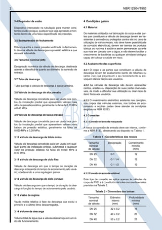 Cópia não autorizada

2

NBR 12904/1993

3.4 Regulador de vazão

4 Condições gerais

Dispositivo intercalado na tubulação para manter constante a vazão da água, qualquer que seja a pressão a montante dentro de uma faixa especificada de pressões.

4.1 Material

3.5 Sobrepressão de fechamento
Diferença entre a maior pressão verificada no fechamento de uma válvula de descarga e a pressão estática a que
ela está submetida.
3.6 Tamanho nominal (DN)

Os materiais utilizados na fabricação do corpo e das partes que constituem a válvula de descarga devem ser resistentes à corrosão ou protegidos contra ela (no caso de
utilização de vários metais, não deve haver possibilidade
de corrosão eletrolítica); devem ser isentos de produtos
tóxicos ou nocivos à saúde e assim permanecer durante
sua vida em contato com a água; e não devem facilitar o
crescimento de bactérias ou qualquer atividade biológica
capaz de colocar a saúde em risco.
4.2 Acabamento das superfícies

Designação numérica da válvula de descarga, destinada
apenas a classificá-la quanto ao diâmetro da conexão de
entrada.
3.7 Tubo de descarga
Tubo que liga a válvula de descarga à bacia sanitária.
3.8 Válvula de descarga de alta pressão

4.2.1 O corpo e as partes que constituem a válvula de

descarga devem ter acabamento isento de rebarbas ou
cantos vivos que prejudiquem o seu funcionam ento ou provoquem danos físicos aos usuários.
4.2.2 As válvulas de descarga não devem apresentar
cantos, arestas ou disposição de suas partes manuseáveis, de modo a dificultar sua utilização ou criar risco de
dano físico aos usuários.

Válvula de descarga concebida para ser usada nos pontos da instalação predial que apresentem valores mais
altos de pressão estática, geralmente na faixa de 0,10 MPa
a 0,40 MPa.

nos corpos das válvulas externas, nos botões de acionamento e noutras partes deve atender às condições
exigidas na NBR 10283.

3.9 Válvula de descarga de baixa pressão

4.3 Conexões

Válvula de descarga concebida para ser usada nos pontos da instalação predial que apresentem valores mais
baixos de pressão estática, geralmente na faixa de
0,020 MPa a 0,20 MPa.

4.3.1 Conexão de entrada rosqueada

3.10 Válvula de descarga de bitola única
Válvula de descarga concebida para ser usada em qualquer ponto da instalação predial, submetida a qualquer
valor de pressão estática na faixa de 0,020 MPa a
0,40 MPa.
3.11 Válvula de descarga de ciclo fixo
Válvula de descarga em que o tempo de duração da
descarga independe do tempo de acionamento pelo usuário, obedecendo a uma regulagem prévia.
3.12 Válvula de descarga de ciclo variável
Válvula de descarga em que o tempo de duração da descarga é função do tempo de acionamento pelo usuário.

4.2.3 O revestimento eletrolítico existente nas canoplas,

A rosca da conexão de entrada deve ser interna, conforme a NBR 8133, obedecendo ao disposto na Tabela 1.
Tabela 1 - Características das roscas
Tamanho
nominal
da válvula

Designação

Comprimento
mínimo
(mm)

DN 25

G1

12

DN 32

G 1 1/4

12

DN 40

G 1 1/2

12

4.3.2 Conexão de entrada soldável

Este tipo de conexão se aplica apenas às válvulas de
corpo de PVC, e é constituído de bolsa com as dimensões
previstas na Tabela 2.
Tabela 2 - Dimensões das bolsas

3.13 Vazão de regime
Diâmetro
interno
(mm)

Profundidade
mínima
(mm)

DN 25

32 ± 0,2

16

DN 32

Vazão média relativa à fase da descarga que exclui o
primeiro e o último litros descarregados.

Tamanho
nominal
da válvula

40 ± 0,2

20

DN 40

50 ± 0,2

25

3.14 Volume de descarga
Volume total de água que a válvula descarrega em um ciclo de funcionamento.

 