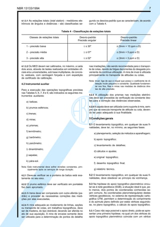 NBR 13133/1994 7
4.1.3.1 As estações totais (total station) - medidores ele-
trônicos de ângulos e distâncias - são classificadas se-
gundo os desvios-padrão que as caracterizam, de acordo
com a Tabela 4.
Tabela 4 - Classificação de estações totais
Classes de estações totais Desvio-padrão Desvio-padrão
Precisão angular Precisão linear
1 - precisão baixa ≤ ± 30" ± (5mm + 10 ppm x D)
2 - precisão média ≤ ± 07" ± (5mm + 5 ppm x D)
3 - precisão alta ≤ ± 02" ± (3mm + 3 ppm x D)
4.1.3.2 Os MED devem ser calibrados, no máximo, a cada
dois anos, através de testes realizados em entidades ofi-
ciais e/ou universidades, sob base multipilares, de concre-
to, estáveis, com centragem forçada e com expedição
de certificado de calibração.
4.2 Instrumental auxiliar
Para a execução das operações topográficas previstas
nas Tabelas 5, 6, 7, 8 e 9, são indicados os seguintes ins-
trumentos auxiliares:
a) balizas;
b) prumos esféricos;
c) trenas;
d) miras;
e) prismas;
f) termômetro;
g) barômetro;
h) psicômetro;
i) dinamômetro;
j) sapatas;
k) pára-sol.
Nota: Este instrumental deve sofrer revisões constantes, prin-
cipalmente após os serviços de longa duração.
4.2.1 Deve-se verificar se a ponteira da baliza está exa-
tamente no seu eixo.
4.2.2 O prumo esférico deve ser verificado em pontalete
fixo bem aprumado.
4.2.3 A trena deve ser comparada com outra aferida (pa-
drão) e proceder às necessárias correções das medi-
ções por elas executadas.
4.2.4 A mira adequada ao nivelamento de linhas, seções
ou transporte de cotas, em trabalhos topográficos, deve
ser de madeira, do tipo dobrável, devendo ser aferida no
ato de sua aquisição. A mira de encaixe somente deve
ser utilizada para a determinação de pontos de detalhe
nas irradiações, não sendo recomendada para o transpor-
te de cotas, devido às folgas decorrentes do desgaste pro-
veniente da contínua utilização. A mira de invar é utilizada
principalmente no transporte de altitudes ou cotas.
Nota: Invar: liga de aço e níquel que possui o coeficiente de di-
latação muito pequeno e constante. Qualidade fundamen-
tal nos fios, fitas e miras nas medidas de distância dire-
tas de alta precisão.
4.2.5 A utilização dos prismas nas medições eletrôni-
cas deve ser precedida da verificação da constante des-
tes para a correção das distâncias observadas.
4.2.6 A sapata deve ser utilizada como suporte à mira, sem-
pre que se executa transporte de altitude ou cota, deven-
do ter peso adequado à sua finalidade.
5 Condições gerais
5.1 O levantamento topográfico, em qualquer de suas fi-
nalidades, deve ter, no mínimo, as seguintes fases:
a) planejamento, seleção de métodos e aparelhagem;
b) apoio topográfico;
c) levantamento de detalhes;
d) cálculos e ajustes;
e) original topográfico;
f) desenho topográfico final;
g) relatório técnico.
5.2 O levantamento topográfico, em qualquer de suas fi-
nalidades, deve obedecer ao princípio da vizinhança.
5.3 Na hipótese do apoio topográfico planimétrico vincu-
lar-se à rede geodésica (SGB), a situação ideal é que, pe-
lo menos, dois pontos de coordenadas conhecidas se-
jam comuns. As coordenadas planorretangulares destes
vértices geodésicos, no sistema de representação carto-
gráfica UTM, permitem a determinação do comprimento
e do azimute plano definido por estes vértices seguindo-
se, no plano topográfico, o cálculo do apoio topográfico.
5.3.1 Caso não seja possível o apoio direto, pode-se apre-
sentar uma primeira hipótese, na qual um dos vértices do
apoio topográfico planimétrico coincida com um vértice
 