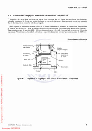 ABNT NBR 13279:2005
©ABNT 2005 - Todos os direitos reservados 9
A.5 Dispositivo de carga para ensaios de resistência à compressão
O dispositivo de carga deve ser capaz de aplicar uma carga de 500 N/s. Deve ser provido de um dispositivo
indicador construído de forma que o valor indicado no momento da ruptura da argamassa permaneça indicado
depois da máquina de ensaio ter sido descarregada.
O prato superior do dispositivo deve ser capaz de se alinhar livremente no momento do contato com a argamassa
e, durante a aplicação da carga, a posição relativa dos pratos inferior e superior deve permanecer inalterada.
Os pratos devem ser de aço, ter (40,0 ± 0,1) mm de comprimento, (40,0 ± 0,1) mm de lado e no mínimo 10 mm de
espessura. A tolerância de planicidade sobre toda a superfície de contato com a argamassa deve ser de 0,01 mm.
Dimensões em milímetros
Figura A.5 — Dispositivo de carga típico para ensaios de resistência à compressão
Exemplarparausoexclusivo-PETROLEOBRASILEIRO-33.000.167/0036-31
Impresso por: PETROBRAS
 