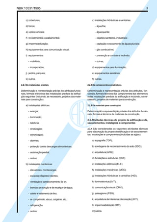 Cópia não autorizada


NBR 13531/1995                                                                                                              3


       c) coberturas;                                                 c) instalações hidráulicas e sanitárias:

       d) forros;                                                        - água fria;

       e) vedos verticais;                                               - água quente;

       f) revestimentos e acabamentos;                                   - esgotos sanitários, industriais;

       g) impermeabilização;                                             - captação e escoamento de águas pluviais;

       h) equipamentos para comunicação visual;                          - gás combustível;

       i) equipamentos:                                                  - prevenção e combate a incêndio;

          - mobiliário;                                                  - outras;

          - incorporados;                                             d) equipamentos para iluminação;

       j) jardins, parques;                                           e) equipamentos sanitários;

       k) outros.                                                     f) outras.

  2.2.4 De instalações prediais                                   2.2.5 De componentes construtivos

  Determinação e representação prévias dos atributos funcio-      Determinação e representação prévias dos atributos, fun-
  nais, formais e técnicos das instalações prediais da edifica-   cionais, formais técnicos dos componentes dos elementos
  ção seguintes (incluindo, se necessário, projetos dos mate-     e das instalações prediais da edificação e incluindo, se ne-
  riais para construção):                                         cessário, projetos de materiais para construção.

       a) instalações elétricas:                                  2.2.6 De materiais para construção

          - energia;                                              Determinação e representação prévias dos atributos funcio-
                                                                  nais, formais e técnicos de materiais de construção.
          - iluminação;
                                                                  2.3 Atividades técnicas do projeto de edificação e de,
          - telefonia;                                            seus elementos, instalações e componentes

          - sinalização;                                          2.3.1 São consideradas as seguintes atividades técnicas
                                                                  para elaboração do projeto de edificação e de seus elemen-
          - sonorização;                                          tos, instalações e componentes (incluídas as siglas):

          - alarmes;                                                  a) topografia (TOP);

          - proteção contra descargas atmosféricas;                   b) sondagens de reconhecimento do solo (SDG);

          - automação predial;                                        c) arquitetura (ARQ);

          - outras;                                                   d) fundações e estruturas (EST);

       b) instalações mecânicas:                                      e) instalações elétricas (ELE);

          - elevadores, montacargas;                                  f) instalações mecânicas (MEC);

          - escadas e tapetes rolantes;                               g) instalações hidráulicas e sanitárias (HID);

          - ventilação e condicionamento de ar;                       h) luminotécnica (LMT);

          - bombas de sucção e de recalque de água;                   i) comunicação visual (CMV);

          - coleta e tratamento de lixo;                              j) paisagismo (PSG);

          - ar comprimido, vácuo, oxigênio, etc.;                     k) arquitetura de interiores (decoração) (INT);

          - refrigeração;                                             l) impermeabilização (IMP);

          - outras;                                                   m)outros.
 