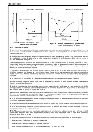 NBR 13994:2000                                                                                                               5


                            Dimensões em milímetros                                        Dimensões em milímetros




       Figura 5 - Arranjo para permitir o giro
                  de uma cadeira de rodas                         Figura 6 - Arranjo para permitir o giro em três
                                                                             pontos de uma cadeira de rodast
  5.1.8 Comandos da cabina
  5.1.8.1 A linha de centro horizontal da parte ativa do botão mais baixo deve estar localizada a uma altura de 890 mm e a
  linha de centro horizontal da parte ativa do botão mais alto a 1 350 mm, medidas a partir do piso da cabina, com tolerâncias
  de 25 mm (ver figura 7).

  A linha de centro vertical da parte ativa do botão mais próximo da porta deve estar no mínimo a 400 mm do painel frontal e
  a linha de centro vertical da parte ativa do botão mais próximo do painel de fundo da cabina deve estar no mínimo a
  500 mm deste painel (ver figura 7).
                                                                                                        2
  Os botões de chamada devem ter uma dimensão mínima de 19 mm, com área mínima de 360 mm , excluindo-se a aba,
  devendo ser saliente sem aresta cortante ou faceado em relação à placa da botoeira (ver figura 8). Quando operados, a
  profundidade não deve exceder 5 mm. Devem ser providos de indicação visual para cada chamada registrada, que deve
  extinguir-se quando a chamada é atendida.

  O registro da chamada deve ser visível e audível, ajustável entre 35 dBA e 50 dBA, com freqüência não superior a
  1 500 Hz, medidos a uma distância de 1 m do botão acionado. O sinal audível deve ser dado a cada operação individual do
  botão, mesmo que a chamada já tenha sido registrada. Além disso, é permitido dar uma resposta mecânica do registro da
  chamada.

  5.1.8.2 A botoeira da cabina deve ser colocada no painel lateral direito de quem está de frente para o elevador.

  No caso de portas corrediças laterais cujas folhas se deslocam para a direita ao abrir, deve ser instalada uma segunda
  botoeira no painel lateral esquerdo.

  5.1.8.3 As identificações dos comandos devem estar preferivelmente localizadas ao lado esquerdo do botão
  correspondente e devem ter cor contrastando com o fundo. Os caracteres devem ter uma altura mínima de 16 mm e ser em
  alto ou baixo relevo de 0,8 mm no mínimo (ver figura 8).

  As marcações braille devem estar localizadas ao lado esquerdo do botão correspondente, devendo respeitar a dimensão
  7,4 mm x 4,7 mm para cada cela braille (ver figuras 1, 2 e 3). Estas marcações podem ser em placas de metal rígido ou
  plástico rígido, gravadas e permanentemente fixadas (ver figura 8).

  5.1.8.4 Os comandos de emergência devem estar agrupados na parte inferior da botoeira da cabina. No caso de botoeiras
  horizontais, devem estar à esquerda.

  5.1.8.5 Símbolos conforme os mostrados no anexo A devem ser usados para permitir uma fácil identificação dos comandos.

  5.1.8.6 Os comandos não essenciais para a operação automática do elevador pelo usuário em geral podem ser localizados
  em qualquer altura, conforme a conveniência.

  5.1.8.7 Os pavimentos devem ser numerados seqüencialmente por algarismos arábicos, sendo que a entrada principal
  (térreo) será designada por 0 (zero), os pavimentos acima do térreo serão designados por 1, 2, 3, etc. e os pavimentos
  abaixo do térreo por -1, -2, -3, etc.

  5.1.8.8 A identificação dos botões de chamadas na botoeira da cabina deve estar seqüenciada do seguinte modo:

     a) se a botoeira é horizontal, da esquerda para a direita;

     b) se a botoeira tem uma única coluna, de baixo para cima;

     c) se botoeira tem várias colunas, da esquerda para a direita e de baixo para cima.
 