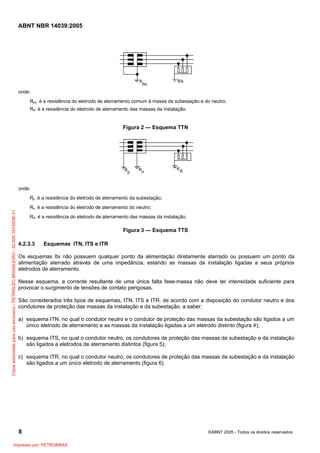 ABNT NBR 14039:2005

onde:
Rpn é a resistência do eletrodo de aterramento comum à massa da subestação e do neutro;
RA é a resistência do eletrodo de aterramento das massas da instalação.

Figura 2 — Esquema TTN

onde:

Cópia autorizada para uso exclusivo - PETROLEO BRASILEIRO - 33.000.167/0036-31

Rp é a resistência do eletrodo de aterramento da subestação;
Rn é a resistência do eletrodo de aterramento do neutro;
RA é a resistência do eletrodo de aterramento das massas da instalação.

Figura 3 — Esquema TTS
4.2.3.3

Esquemas ITN, ITS e ITR

Os esquemas Itx não possuem qualquer ponto da alimentação diretamente aterrado ou possuem um ponto da
alimentação aterrado através de uma impedância, estando as massas da instalação ligadas a seus próprios
eletrodos de aterramento.
Nesse esquema, a corrente resultante de uma única falta fase-massa não deve ter intensidade suficiente para
provocar o surgimento de tensões de contato perigosas.
São considerados três tipos de esquemas, ITN, ITS e ITR, de acordo com a disposição do condutor neutro e dos
condutores de proteção das massas da instalação e da subestação, a saber:
a) esquema ITN, no qual o condutor neutro e o condutor de proteção das massas da subestação são ligados a um
único eletrodo de aterramento e as massas da instalação ligadas a um eletrodo distinto (figura 4);
b) esquema ITS, no qual o condutor neutro, os condutores de proteção das massas da subestação e da instalação
são ligados a eletrodos de aterramento distintos (figura 5);
c) esquema ITR, no qual o condutor neutro, os condutores de proteção das massas da subestação e da instalação
são ligados a um único eletrodo de aterramento (figura 6).

8
Impresso por: PETROBRAS

©ABNT 2005 - Todos os direitos reservados

 