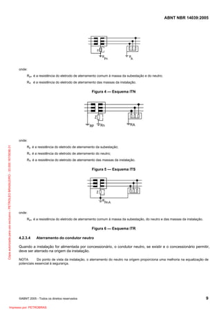 ABNT NBR 14039:2005

onde:
Rpn é a resistência do eletrodo de aterramento comum à massa da subestação e do neutro;
RA é a resistência do eletrodo de aterramento das massas da instalação.

Figura 4 — Esquema ITN

Cópia autorizada para uso exclusivo - PETROLEO BRASILEIRO - 33.000.167/0036-31

onde:
Rp é a resistência do eletrodo de aterramento da subestação;
Rn é a resistência do eletrodo de aterramento do neutro;
RA é a resistência do eletrodo de aterramento das massas da instalação.

Figura 5 — Esquema ITS

onde:
Rpn é a resistência do eletrodo de aterramento comum à massa da subestação, do neutro e das massas da instalação.

Figura 6 — Esquema ITR
4.2.3.4

Aterramento do condutor neutro

Quando a instalação for alimentada por concessionário, o condutor neutro, se existir e o concessionário permitir,
deve ser aterrado na origem da instalação.
NOTA
Do ponto de vista da instalação, o aterramento do neutro na origem proporciona uma melhoria na equalização de
potenciais essencial à segurança.

©ABNT 2005 - Todos os direitos reservados

Impresso por: PETROBRAS

9

 