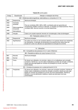 ABNT NBR 14039:2005

Tabela 26 (continuação)
Código

Classificação

Seleção e instalação das linhas

AM = Influências eletromagnéticas, eletrostáticas ou ionizantes (4.3.1.9)
AM1

Desprezível

AM2

Correntes
parasitas

AM3
AM4
AM5
AM6

Eletromagnéticas
Ionizantes

Nenhuma limitação
Para as condições AM2, AM3 e AM5, a proteção pode ser garantida por
revestimento metálico contínuo e aterrado, ou também por distanciamento. Para a
condição AM4, deve-se recorrer a normas específicas

Eletrostáticas
Indução

Cabos com projeto especial, levando em consideração o fator de blindagem
AN = Radiações solares (4.3.1.10)

AN1

Desprezível

Nenhuma limitação

AN2

Significativas

Os cabos ao ar livre ou em condutos abertos e os condutos devem ser resistentes
às intempéries. A elevação da temperatura da superfície dos cabos deve ser
levada em conta nos cálculos da capacidade de condução de corrente

Cópia autorizada para uso exclusivo - PETROLEO BRASILEIRO - 33.000.167/0036-31

B – Utilizações
BA = Competência das pessoas (4.3.2.1) (sem influência)
BB = Resistência elétrica do corpo humano (4.3.2.2)
BB1

Elevada

BB2

Normal

BB3

Fraca

Nenhuma limitação
Só devem ser utilizados, em princípio, cabos uni ou multipolares sem armação
condutora. Admite-se o uso de cabos multipolares providos de armação condutora,
desde que esta seja ligada ao condutor de proteção do circuito, nas duas
extremidades
BC = Contatos de pessoas com o potencial local (4.3.2.3)

BC3

Freqüentes

Só devem ser utilizados, em princípio, cabos sem armação condutora. Admite-se
utilizar cabos multipolares providos de armação condutora, desde que esta seja
ligada ao condutor de proteção do circuito nas duas extremidades. Admite-se
também o uso de eletrodutos metálicos, desde que aterrados nas duas
extremidades

©ABNT 2005 - Todos os direitos reservados

Impresso por: PETROBRAS

43

 