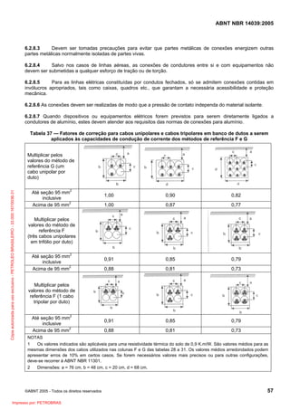 ABNT NBR 14039:2005

6.2.8.3
Devem ser tomadas precauções para evitar que partes metálicas de conexões energizem outras
partes metálicas normalmente isoladas de partes vivas.
6.2.8.4
Salvo nos casos de linhas aéreas, as conexões de condutores entre si e com equipamentos não
devem ser submetidas a qualquer esforço de tração ou de torção.
6.2.8.5
Para as linhas elétricas constituídas por condutos fechados, só se admitem conexões contidas em
invólucros apropriados, tais como caixas, quadros etc., que garantam a necessária acessibilidade e proteção
mecânica.
6.2.8.6 As conexões devem ser realizadas de modo que a pressão de contato independa do material isolante.
6.2.8.7 Quando dispositivos ou equipamentos elétricos forem previstos para serem diretamente ligados a
condutores de alumínio, estes devem atender aos requisitos das normas de conexões para alumínio.
Tabela 37 — Fatores de correção para cabos unipolares e cabos tripolares em banco de dutos a serem
aplicados às capacidades de condução de corrente dos métodos de referência F e G

Cópia autorizada para uso exclusivo - PETROLEO BRASILEIRO - 33.000.167/0036-31

Multiplicar pelos
valores do método de
referência G (um
cabo unipolar por
duto)
Até seção 95 mm2
inclusive
Acima de 95 mm2

1,00

0,90

0,82

1,00

0,87

0,77

0,91

0,85

0,79

0,88

0,81

0,73

0,91

0,85

0,79

0,88

0,81

0,73

Multiplicar pelos
valores do método de
referência F
(três cabos unipolares
em trifólio por duto)
Até seção 95 mm2
inclusive
Acima de 95 mm2
Multiplicar pelos
valores do método de
referência F (1 cabo
tripolar por duto)
Até seção 95 mm2
inclusive
Acima de 95 mm2

NOTAS
1
Os valores indicados são aplicáveis para uma resistividade térmica do solo de 0,9 K.m/W. São valores médios para as
mesmas dimensões dos cabos utilizados nas colunas F e G das tabelas 28 a 31. Os valores médios arredondados podem
apresentar erros de 10% em certos casos. Se forem necessários valores mais precisos ou para outras configurações,
deve-se recorrer à ABNT NBR 11301.
2
Dimensões: a = 76 cm, b = 48 cm, c = 20 cm, d = 68 cm.

©ABNT 2005 - Todos os direitos reservados

Impresso por: PETROBRAS

57

 