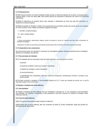 NBR 14039:2003 29
6.1.5.4 Equipamentos
6.1.5.4.1 Quando existirem na mesma instalação tensões diversas ou diferentes espécies de correntes, os equipamentos e
materiais afetos a cada uma delas dev
em, tanto quanto possível, ser agrupados e separados dos outros e ser facilmente
identificáveis.
6.1.5.4.2 Os dispositivos de proteção devem estar dispostos e identificados de forma que seja fácil reconhecer os
respectivos circuitos protegidos.
6.1.5.4.3 As posições de “fechado” e “aberto” dos equipamentos de manobrade contatos não visíveis devem ser indicadas
por meio de letras e cores, dev
endo ser adotada a seguinte convenção:
I – vermelho: contatos fechados;
O – verde: contatos abertos.
NOTAS
1 Chaves seccionadoras: deslocamento me
cânico vertical da alavanca ou punho de manobra para baixo deve corresponder ao
equipamento desligado.
2 Disjuntores: Os cabos ou barramentos provenientes da fonte devem estar conectados nos bornes superiores de entrada.
6.1.6 Independência dos componentes
Os componentes devem ser escolhidos e dispostos de modo a
impedir qualquer influência prejudicial entre as instalações
elétricas e as instalações não elétricas.
6.1.7 Documentação da instalação
6.1.7.1 A instalação deve ser executada a partir de projeto específico, que deve conter no mínimo:
a) plantas;
b) esquemas (unifilares e outros que se façam necessários);
c) detalhes de montagem, quando necessários;
d) memorial descritivo;
e) especificação dos componentes: descrição sucinta do componente, características nominais e norma(s) a que
devem atender.
6.1.7.2 Após concluída a instalação, a documentação indicada em 6.1.7.1 deve ser revisada de acordo com o que foi
executado (projeto “como construído”).
6.2 Seleção e instalação das linhas elétricas
6.2.1 Generalidades
Na seleção e instalação de linhas elétricas deve ser considerada a aplicação de 4.1 aos condutores, suas terminações
e/ou emendas, aos suportes e suspensões a eles associados e aos seus invólucros ou métodos de proteção contra
influências externas.
6.2.2 Tipos de linhas elétricas
6.2.2.1 Os tipos de linhas elétricas estão indicados na tabela 26.
6.2.2.2 Outros tipos de linhas elétricas, além dos constantes da tabela 25, podem serutilizados, desde que atendam às
prescrições gerais desta seção.
 