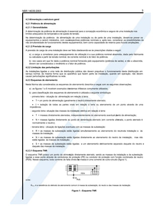 NBR 14039:2003 5
4.2 Alimentação e estrutura geral
4.2.1 Potência de alimentação
4.2.1.1 Generalidades
A determinação da potência de alimentação é essencial para a concepção econômica e segura de uma instalação nos
limites adequados de temperat
ura e de queda de tensão.
Na determinação da potência de alimentação de uma instalação ou de parte de uma instalação, devem-se prever os
equipamentos a serem instalados, com suas
respectivas potências nominais e, após isso, considerar as possibilidades de
não simultaneidade de funcionamento destes equipamentos, bem como capacidade de reserva para futuras ampliações.
4.2.1.2 Previsão de carga
A previsão de carga de uma instalação deve ser feita obedecendo-se às prescrições citadas a seguir:
a) a carga a considerar para umequipamento de utilização é a sua potência nominal absorvida, dada pelo fabricante
ou calculada a partir da tensão nominal, da corrente nominal e do fator de potência;
b) nos casos em que for dada a potência nominal fornecida pelo equipamento (potência de saída), e não a absorvida,
devem ser considerados o rendi
mento e o fator de potência.
4.2.2 Limitação das perturbações
As instalações ligadas a uma rede de distribuição pública não devem prejudicar o funcionamento desta distribuição em
serviço normal, da mesma forma que os aparelhos que fazem parte da instalação, quando em operação, não devem
causar perturbações significativas na rede.
4.2.3 Esquemas de aterramento
Nesta Norma são considerados os esquemas de aterramento descritos a segui
r, com as seguintes observações:
a) as figuras 1 a 6 mostram exemplos de
sistemas trifásicos comumente utilizados;
b) para classificação dos esquemas de aterramento é utilizada a seguinte simbologia:
- primeira letra - situação da alimentação em relação à terra:
T = um ponto de alimentação (geralmente o neutro) diretamente aterrado;
I = isolação de todas as partes vivas em relação à terra ou aterramento de um ponto através de uma
impedância;
- segunda letra- situação das massas da instalação elétrica em relação à terra:
T = massas diretamente aterradas, independentemente do aterramento eventual de
ponto de alimentação;
N = massas ligadas diretamente ao ponto de alimentação aterrado (em corrente alte
rnada, o ponto aterrado é
normalmente o neutro);
- terceira letra – situação de ligações eventuais com as massas da subestação:
R = as massas da subestação estão ligadas simultaneamente ao aterramento do neutroda instalação e às
massas da instalação;
N = as massas da subestação estão ligadas diretamente ao aterramento do neutro da instalação, mas não
estão ligadas às massas da instalação;
S = as massas da subestação estão ligadas a um aterramento eletricamente separado daquele do neutro e
daquele das massas da instalação.
4.2.3.1 Esquema TNR
O esquema TNR possui um ponto da aliment
ação diretamente aterrado, sendo as massas da instalação e da subestação
ligadas a esse ponto através de condutores de proteção (PE) ou condutor de proteção com função combinada de neutro
(PEN). Nesse esquema, toda corrente de falta direta fa
se-massa é uma corrente de curto-circuito (figura 1).
onde:
RPnA é a resistência do eletrodo de aterramento comum à massa da subestação, do neutro e das massas da instalação.
Figura 1 - Esquema TNR
PEN
 