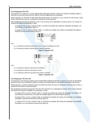 NBR 14039:2003
6
4.2.3.2 Esquemas TTN e TTS
Os esquemas TTx possuem um ponto daalimentação diretamente aterrado, estando as massa
s da instalação ligadas a
eletrodos de aterramento eletricamente distintos do eletrodo de
aterramento da subestação.
Nesse esquema, as correntes de falta direta fase-massa devem ser inferiores a uma corrente de curto-circuito, sendo,
porém suficientes para provocar o surgimento de tensões de contato perigosas.
São considerados dois tipos de esquemas, TTN e TTS, de acordo com a disposição do condutor neutro e do condutor de
proteção das massas da subestação, a saber:
a) esquema TTN, no qual o condutor neut
ro e o condutor de proteção das massas da subestação são ligados a um
único eletrodo de aterramento (figura 2);
b) esquema TTS, no qual o condutor neut
ro e o condutor de proteção das massas da subestação são ligados a
eletrodos de aterramento distintos (figura 3).
onde:
Rpn é a resistência do eletrodo de aterramento comum à massa da subestação e do neutro;
RA é a resistência do eletrodo de aterramento das massas da instalação.
Figura 2 - Esquema TTN
onde:
Rp é a resistência do eletrodo de aterramento da subestação;
Rn é a resistência do eletrodo de aterramento do neutro;
RA é a resistência do eletrodo de aterramento das massas da instalação.
Figura 3 - Esquema TTS
4.2.3.3 Esquemas ITN, ITS e ITR
Os esquemas Itx não possuem qualquer ponto da alimentação diretamente aterrado ou possuem um ponto da alimentação
aterrado através de uma impedância, estando as massas da instalação ligadas a seus próprios eletrodos de aterramento.
Nesse esquema, a corrente resultante deuma única falta fase-massa não deve ter intensidade suficiente para provocar o
surgimento de tensões de contato perigosas.
São considerados três tipos de esquemas, ITN, ITS e ITR, de acordo com a disposição do condutor neutro e dos condutores
de proteção das massas da instalação e da subestação, a saber:
a) esquema ITN, no qual o condutor neut
ro e o condutor de proteção das massas da subestação são ligados a um
único eletrodo de aterramento e as massas da instalação ligadas a um eletrodo distinto (figura 4);
b) esquema ITS, no qual o condutor neut
ro, os condutores de proteção das massas da subestação e da instalação
são ligados a eletrodos de aterramento distintos (figura 5);
c) esquema ITR, no qual o condutor neut
ro, os condutores de proteção das massas da subestação e da instalação
são ligados a um único eletrodo de aterramento (figura 6).
 