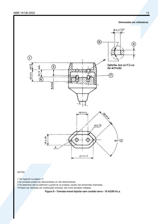 NBR 14136:2002 13
Dimensões em milímetros
NOTAS
1 Ver legenda na página 17.
2 As tomadas podem ser desmontáveis ou não desmontáveis.
3 Os desenhos não se destinam a governar os projetos, exceto nas dimensões mostradas.
4 Podem ser utilizados em construções diversas, tais como tomadas múltiplas.
Figura 9 - Tomada móvel bipolar sem contato terra - 10 A/250 Vc.a.
Cópia não autorizada
 