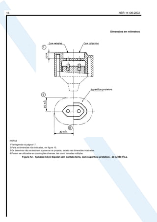 NBR 14136:200216
Dimensões em milímetros
NOTAS
1 Ver legenda na página 17.
2 Para as dimensões não indicadas, ver figura 10.
3 Os desenhos não se destinam a governar os projetos, exceto nas dimensões mostradas.
4 Podem ser utilizados em construções diversas, tais como tomadas múltiplas.
Figura 12 - Tomada móvel bipolar sem contato terra, com superfície protetora - 20 A/250 Vc.a.
Cópia não autorizada
 
