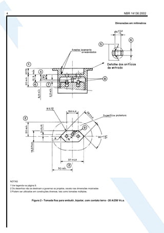 NBR 14136:20024
Dimensões em milímetros
NOTAS
1 Ver legenda na página 9.
2 Os desenhos não se destinam a governar os projetos, exceto nas dimensões mostradas.
3 Podem ser utilizados em construções diversas, tais como tomadas múltiplas.
Figura 2 - Tomada fixa para embutir, bipolar, com contato terra - 20 A/250 Vc.a.
Cópia não autorizada
 