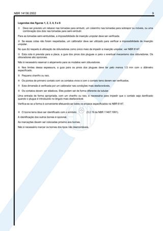 NBR 14136:2002 9
Legendas das figuras 1, 2, 3, 4, 5 e 6
x Deve ser previsto um rebaixo nas tomadas para embutir, um colarinho nas tomadas para sobrepor ou móveis, ou uma
combinação dos dois nas tomadas para semi-embutir.
Para as tomadas semi-embutidas, a impossibilidade de inserção unipolar deve ser verificada.
y Se essas cotas não forem respeitadas, um calibrador deve ser utilizado para verificar a impossibilidade de inserção
unipolar.
No que diz respeito à utilização de obturadores como único meio de impedir a inserção unipolar, ver NBR 6147.
z Esta cota é prevista para a placa, a guia dos pinos dos plugues e para o eventual mecanismo dos obturadores. Os
obturadores são opcionais.
Não é necessário reservar o alojamento para os modelos sem obturadores.
{ Nos limites dessa espessura, a guia para os pinos dos plugues deve ter pelo menos 1,5 mm com o diâmetro
especificado.
| Pequeno chanfro ou raio.
} Os pontos de primeiro contato com os contatos vivos e com o contato terra devem ser verificados.
~ Esta dimensão é verificada por um calibrador nas condições mais desfavoráveis.
 Os contatos devem ser elásticos. Eles podem ser de forma diferente da tubular.
Uma entrada de forma apropriada, com um chanfro ou raio, é necessária para impedir que o contato seja danificado
quando o plugue é introduzido no ângulo mais desfavorável.
Verifica-se se a forma é conveniente efetuando-se todos os ensaios especificados na NBR 6147.
€ O borne terra deve ser identificado com o símbolo (3.2.19 da NBR 11467:1991).
A identificação dos outros bornes é opcional.
As marcações devem ser colocadas próximo aos bornes.
Não é necessário marcar os bornes dos tipos não desmontáveis.
Cópia não autorizada
 