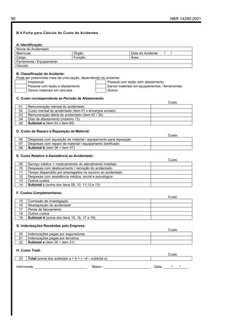 90 NBR 14280:2001
B.4 Ficha para Cálculo de Custo de Acidentes
A. Identificação:
Nome do Acidentado:
Matrícula: Órgão: Data do Acidente: / /
Cargo: Função: Área:
Ferramenta / Equipamento:
Veículo:
B. Classificação do Acidente:
Pode ser preenchida mais de uma opção, dependendo do acidente:
Impessoal Pessoal com lesão sem afastamento
Pessoal com lesão e afastamento Danos materiais em equipamentos / ferramentas
Danos materiais em veículos Outros
C. Custo correspondente ao Período de Afastamento:
Custo
01 Remuneração mensal do acidentado
02 Custo mensal do acidentado (item 01 x encargos sociais)
03 Remuneração diária do acidentado (item 02 / 30)
04 Dias de afastamento (máximo 15)
05 Subtotal a (item 03 x item 04)
D. Custo de Reparo e Reposição de Material:
Custo
06 Despesas com aquisição de material / equipamento para reposição
07 Despesas com reparo de material / equipamento danificado
08 Subtotal b (item 06 + item 07)
E. Custo Relativo à Assistência ao Acidentado:
Custo
09 Serviço médico + medicamentos do atendimento imediato
10 Despesas com deslocamento / remoção do acidentado
11 Tempo dispendido por empregados no socorro ao acidentado
12 Despesas com assistência médica, social e psicológica
13 Outros custos
14 Subtotal c (soma dos itens 09, 10, 11,12 e 13)
F. Custos Complementares:
Custo
15 Comissão de investigação
16 Readaptação do acidentado
17 Perda de faturamento
18 Outros custos
19 Subtotal d (soma dos itens 15, 16, 17 e 18)
G. Indenizações Recebidas pela Empresa:
Custo
20 Indenizações pagas por seguradoras
21 Indenizações pagas por terceiros
22 Subtotal e (item 20 + item 21)
H. Custo Total:
Custo
23 Total (soma dos subtotais a + b + c +d – subtotal e)
Informante: ___________________________ Matric.: ________________________ Data: ____/____/____
Licença de uso exclusivo para Petrobrás S/A
Cópia impressa pelo Sistema Target CENWeb
 