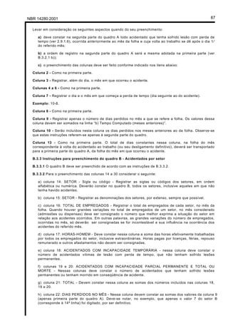 NBR 14280:2001 87
Levar em consideração os seguintes aspectos quando do seu preenchimento:
a) deve constar na segunda parte do quadro A todo acidentado que tenha sofrido lesão com perda de
tempo (ver 2.9.1.6), ocorrida anteriormente ao mês da folha e cuja volta ao trabalho se dê após o dia 1⁄
do referido mês;
b) a ordem de registro na segunda parte do quadro A será a mesma adotada na primeira parte (ver
B.3.2.1 b));
c) o preenchimento das colunas deve ser feito conforme indicado nos itens abaixo:
Coluna 2 - Como na primeira parte.
Coluna 3 - Registrar, além do dia, o mês em que ocorreu o acidente.
Colunas 4 a 6 - Como na primeira parte.
Coluna 7 - Registrar o dia e o mês em que começa a perda de tempo (dia seguinte ao do acidente).
Exemplo: 10-8.
Coluna 8 - Como na primeira parte.
Coluna 9 - Registrar apenas o número de dias perdidos no mês a que se refere a folha. Os valores dessa
coluna devem ser somados na linha “b) Tempo Computado (meses anteriores)”.
Coluna 10 - Serão incluídos nesta coluna os dias perdidos nos meses anteriores ao da folha. Observe-se
que estas instruções referem-se apenas à segunda parte do quadro.
Coluna 13 - Como na primeira parte. O total de dias constantes nessa coluna, na folha do mês
correspondente à volta do acidentado ao trabalho (ou seu desligamento definitivo), deverá ser transportado
para a primeira parte do quadro A, da folha do mês em que ocorreu o acidente.
B.3.3 Instruções para preenchimento do quadro B - Acidentados por setor
B.3.3.1 O quadro B deve ser preenchido de acordo com as instruções de B.3.3.2.
B.3.3.2 Para o preenchimento das colunas 14 a 30 considerar o seguinte:
a) coluna 14: SETOR - Sigla ou código - Registrar as siglas ou códigos dos setores, em ordem
alfabética ou numérica. Deverão constar no quadro B, todos os setores, inclusive aqueles em que não
tenha havido acidentes.
b) coluna 15: SETOR - Registrar as denominações dos setores, por extenso, sempre que possível.
c) coluna 16: TOTAL DE EMPREGADOS - Registrar o total de empregados de cada setor, no mês da
folha. Quando houver grandes variações no total de empregados de um setor, no mês considerado
(admissões ou dispensas) deve ser consignado o número que melhor exprima a situação do setor em
relação aos acidentes ocorridos. Em outras palavras, as grandes variações do número de empregados,
ocorridas no mês, só deverão ser consignadas se for incontestável a sua influência na ocorrência dos
acidentes do referido mês.
d) coluna 17: HORAS-HOMEM - Deve constar nessa coluna a soma das horas efetivamente trabalhadas
por todos os empregados do setor, inclusive extraordinárias. Horas pagas por licenças, férias, repouso
remunerado e outros afastamentos não devem ser consignadas.
e) coluna 18: ACIDENTADOS COM INCAPACIDADE TEMPORÁRIA - nessa coluna deve constar o
número de acidentados vítimas de lesão com perda de tempo, que não tenham sofrido lesões
permanentes.
f) colunas 19 e 20: ACIDENTADOS COM INCAPACIDADE PARCIAL PERMANENTE E TOTAL OU
MORTE - Nessas colunas deve constar o número de acidentados que tenham sofrido lesões
permanentes ou tenham morrido em conseqüência de acidente.
g) coluna 21: TOTAL - Devem constar nessa coluna as somas dos números incluídos nas colunas 18,
19 e 20.
h) coluna 22: DIAS PERDIDOS NO MÊS - Nessa coluna devem constar as somas dos valores da coluna 9
(apenas primeira parte do quadro A). Deve-se notar, no exemplo, que apenas o valor 7 do setor B
(corresponde à 14ª linha) foi digitado, por ser definitivo.
Licença de uso exclusivo para Petrobrás S/A
Cópia impressa pelo Sistema Target CENWeb
 