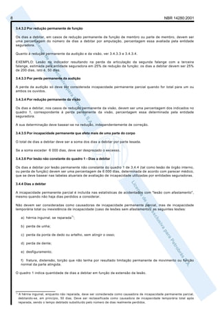 8                                                                                                     NBR 14280:2001

    3.4.3.2 Por redução permanente de função

    Os dias a debitar, em casos de redução permanente de função de membro ou parte de membro, devem ser
    uma percentagem do número de dias a debitar por amputação, percentagem essa avaliada pela entidade
    seguradora.

    Quanto à redução permanente da audição e da visão, ver 3.4.3.3 e 3.4.3.4.

    EXEMPLO: Lesão no indicador resultando na perda da articulação da segunda falange com a terceira
    falange, estimada pela entidade seguradora em 25% de redução da função: os dias a debitar devem ser 25%
    de 200 dias, isto é, 50 dias.

    3.4.3.3 Por perda permanente da audição

    A perda da audição só deve ser considerada incapacidade permanente parcial quando for total para um ou
    ambos os ouvidos.

    3.4.3.4 Por redução permanente da visão

    Os dias a debitar, nos casos de redução permanente da visão, devem ser uma percentagem dos indicados no
    quadro 1, correspondente à perda permanente da visão, percentagem essa determinada pela entidade
    seguradora.

    A sua determinação deve basear-se na redução, independentemente de correção.

    3.4.3.5 Por incapacidade permanente que afeta mais de uma parte do corpo

    O total de dias a debitar deve ser a soma dos dias a debitar por parte lesada.

    Se a soma exceder 6 000 dias, deve ser desprezado o excesso.

    3.4.3.6 Por lesão não constante do quadro 1 - Dias a debitar

    Os dias a debitar por lesão permanente não constante do quadro 1 de 3.4.4 (tal como lesão de órgão interno,
    ou perda de função) devem ser uma percentagem de 6 000 dias, determinada de acordo com parecer médico,
    que se deve basear nas tabelas atuariais de avaliação de incapacidade utilizadas por entidades seguradoras.

    3.4.4 Dias a debitar

    A incapacidade permanente parcial é incluída nas estatísticas de acidentados com "lesão com afastamento",
    mesmo quando não haja dias perdidos a considerar.

    Não devem ser consideradas como causadoras de incapacidade permanente parcial, mas de incapacidade
    temporária total ou inexistência de incapacidade (caso de lesões sem afastamento), as seguintes lesões:

          a) hérnia inguinal, se reparada ) ;
                                           1



          b) perda de unha;

          c) perda da ponta de dedo ou artelho, sem atingir o osso;

          d) perda de dente;

          e) desfiguramento;

          f) fratura, distensão, torção que não tenha por resultado limitação permanente de movimento ou função
          normal da parte atingida.

    O quadro 1 indica quantidade de dias a debitar em função da extensão da lesão.




    ________________
    1)
         A hérnia inguinal, enquanto não reparada, deve ser considerada como causadora de incapacidade permanente parcial,
         debitando-se, em princípio, 50 dias. Deve ser reclassificada como causadora de incapacidade temporária total após
         reparada, sendo o tempo debitado substituído pelo número de dias realmente perdidos.
 