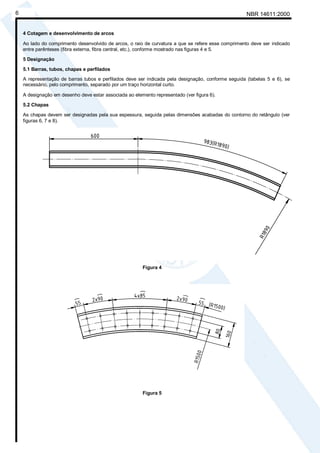 Cópia não autorizada
6                                                                                                    NBR 14611:2000


    4 Cotagem e desenvolvimento de arcos

    Ao lado do comprimento desenvolvido de arcos, o raio de curvatura a que se refere esse comprimento deve ser indicado
    entre parênteses (fibra externa, fibra central, etc.), conforme mostrado nas figuras 4 e 5.

    5 Designação

    5.1 Barras, tubos, chapas e perfilados

    A representação de barras tubos e perfilados deve ser indicada pela designação, conforme seguida (tabelas 5 e 6), se
    necessário, pelo comprimento, separado por um traço horizontal curto.

    A designação em desenho deve estar associada ao elemento representado (ver figura 6).

    5.2 Chapas

    As chapas devem ser designadas pela sua espessura, seguida pelas dimensões acabadas do contorno do retângulo (ver
    figuras 6, 7 e 8).




                                                        Figura 4




                                                        Figura 5
 