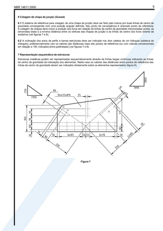Cópia não autorizada

NBR 14611:2000                                                                                                           9


  6 Cotagem de chapa de junção (Gusset)

  6.1 O sistema de referência para cotagem de uma chapa de junção deve ser feito pelo menos por duas linhas de centro de
  gravidade convergentes com uma posição angular definida. Seu ponto de convergência é chamado ponto de referência.
  A cotagem de chapas deve incluir a posição dos furos em relação às linhas de centro de gravidade mencionadas acima, as
  dimensões totais e a mínima distância entre os vértices das chapas de junção e as linhas de centro dos furos (tirante de
  andaime) (ver figuras 7 e 8).

  6.2 A inclinação dos eixos de perfis e barras estruturais deve ser indicada nos dois catetos de um triângulo (sistema do
  triângulo), preferencialmente com os valores das distâncias reais dos pontos de referência (ou com valores convencionais
  em relação a 100, indicados entre parênteses) (ver figuras 7 e 8).


  7 Representação esquemática de estruturas
  Estruturas metálicas podem ser representadas esquematicamente através de linhas largas contínuas indicando as linhas
  de centro de gravidade da interseção dos elementos. Neste caso os valores das distâncias entre pontos de referência das
  linhas de centro de gravidade devem ser indicados diretamente sobre os elementos representados (figura 9).




                                                         Figura 7
 