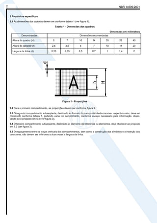 Cópia não autorizada
2                                                                                                     NBR 14699:2001


    5 Requisitos específicos

    5.1 As dimensões dos quadros devem ser conforme tabela 1 (ver figura 1).

                                               Tabela 1 - Dimensões dos quadros

                                                                                               Dimensões em milímetros
              Denominações                                         Dimensões recomendadas

      Altura do quadro (H)                 5            7          10          14         20          28          40

      Altura do caracter (h)              2,5          3,5         5           7          10          14          20

      Largura da linha (d)               0,25          0,35       0,5          0,7         1          1,4          2




                                                     Figura 1 - Proporções

    5.2 Para o primeiro compartimento, as proporções devem ser conforme figura 2.

    5.3 O segundo compartimento subseqüente, destinado ao formato do campo de tolerância e seu respectivo valor, deve ser
    construído conforme tabela 1, podendo variar no comprimento, conforme espaço necessário para informação, obser-
    vando-se o proposto em 5.4 (ver figura 3).

    5.4 O terceiro compartimento subseqüente, destinado ao elemento de referência ou elementos, deve obedecer ao proposto
    em 5.2 (ver figura 3).

    5.5 O espaçamento entre os traços verticais dos compartimentos, bem como a construção dos símbolos e a inserção dos
    caracteres, não devem ser inferiores a duas vezes a largura da linha.
 