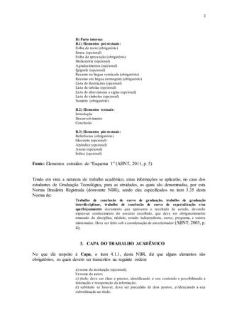 2
B) Parte interna:
B.1) Elementos pré-textuais:
Folha de rosto (obrigatório)
Errata (opcional)
Folha de aprovação (obrigatório)
Dedicatória (opcional)
Agradecimentos (opcional)
Epígrafe (opcional)
Resumo na língua vernácula (obrigatório)
Resumo em língua estrangeira (obrigatório)
Lista de ilustrações (opcional)
Lista de tabelas (opcional)
Lista de abreviaturas e siglas (opcional)
Lista de símbolos (opcional)
Sumário (obrigatório)
B.2) Elementos textuais:
Introdução
Desenvolvimento
Conclusão
B.3) Elementos pós-textuais:
Referências (obrigatório)
Glossário (opcional)
Apêndice (opcional)
Anexo (opcional)
Índice (opcional)
Fonte: Elementos extraídos do “Esquema 1” (ABNT, 2011, p. 5)
Tendo em vista a natureza do trabalho acadêmico, estas informações se aplicarão, no caso dos
estudantes de Graduação Tecnológica, para as atividades, as quais são denominadas, por esta
Norma Brasileira Registrada (doravante NBR), sendo eles especificados no item 3.35 desta
Norma de:
Trabalho de conclusão de curso de graduação, trabalho de graduação
interdisciplinar, trabalho de conclusão de curso de especialização e/ou
aperfeiçoamento: documento que apresenta o resultado de estudo, devendo
expressar conhecimento do assunto escolhido, que deve ser obrigatoriamente
emanado da disciplina, módulo, estudo independente, curso, programa, e outros
ministrados. Deve ser feito sob a coordenação de umorientador (ABNT, 2005, p.
4).
3. CAPA DO TRABALHO ACADÊMICO
No que diz respeito à Capa, o item 4.1.1, desta NBR, diz que alguns elementos são
obrigatórios, os quais devem ser transcritos na seguinte ordem:
a) nome da instituição (opcional);
b) nome do autor;
c) título: deve ser claro e preciso, identificando o seu conteúdo e possibilitando a
indexação e recuperação da informação;
d) subtítulo: se houver, deve ser precedido de dois pontos, evidenciando a sua
subordinação ao título;
 