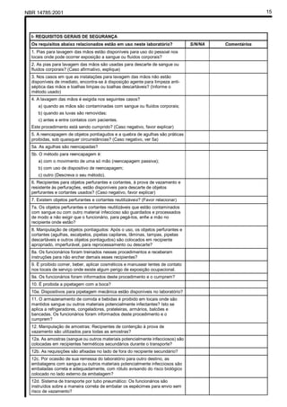 NBR 14785:2001 15
I- REQUISITOS GERAIS DE SEGURANÇA
Os requisitos abaixo relacionados estão em uso neste laboratório? S/N/NA Comentários
1. Pias para lavagem das mãos estão disponíveis para uso do pessoal nos
locais onde pode ocorrer exposição a sangue ou fluidos corporais?
2. As pias para lavagem das mãos são usadas para descarte de sangue ou
fluidos corporais? (Caso afirmativo, explique)
3. Nos casos em que as instalações para lavagem das mãos não estão
disponíveis de imediato, encontra-se à disposição agente para limpeza anti-
séptica das mãos e toalhas limpas ou toalhas descartáveis? (Informe o
método usado)
4. A lavagem das mãos é exigida nos seguintes casos?
a) quando as mãos são contaminadas com sangue ou fluidos corporais;
b) quando as luvas são removidas;
c) antes e entre contatos com pacientes.
Este procedimento está sendo cumprido? (Caso negativo, favor explicar)
5. A reencapagem de objetos pontiagudos e a quebra de agulhas são práticas
proibidas, sob quaisquer circunstâncias? (Caso negativo, ver 5a)
5a. As agulhas são reencapadas?
5b. O método para reencapagem é:
a) com o movimento de uma só mão (reencapagem passiva);
b) com uso de dispositivo de reencapagem;
c) outro (Descreva o seu método).
6. Recipientes para objetos perfurantes e cortantes, à prova de vazamento e
resistente às perfurações, estão disponíveis para descarte de objetos
perfurantes e cortantes usados? (Caso negativo, favor explicar)
7. Existem objetos perfurantes e cortantes reutilizáveis? (Favor relacionar)
7a. Os objetos perfurantes e cortantes reutilizáveis que estão contaminados
com sangue ou com outro material infeccioso são guardados e processados
de modo a não exigir que o funcionário, para pegá-los, enfie a mão no
recipiente onde estão?
8. Manipulação de objetos pontiagudos: Após o uso, os objetos perfurantes e
cortantes (agulhas, escalpelos, pipetas capilares, lâminas, tampas, pipetas
descartáveis e outros objetos pontiagudos) são colocados em recipiente
apropriado, imperfurável, para reprocessamento ou descarte?
8a. Os funcionários foram treinados nesses procedimentos e receberam
instruções para não encher demais esses recipientes?
9. É proibido comer, beber, aplicar cosméticos e manusear lentes de contato
nos locais de serviço onde existe algum perigo de exposição ocupacional.
9a. Os funcionários foram informados deste procedimento e o cumprem?
10. É proibida a pipetagem com a boca?
10a. Dispositivos para pipetagem mecânica estão disponíveis no laboratório?
11. O armazenamento de comida e bebidas é proibido em locais onde são
mantidos sangue ou outros materiais potencialmente infectantes? Isto se
aplica a refrigeradores, congeladores, prateleiras, armários, balcões e
bancadas. Os funcionários foram informados deste procedimento e o
cumprem?
12. Manipulação de amostras: Recipientes de contenção à prova de
vazamento são utilizados para todas as amostras?
12a. As amostras (sangue ou outros materiais potencialmente infecciosos) são
colocadas em recipientes herméticos secundários durante o transporte?
12b. As requisições são afixadas no lado de fora do recipiente secundário?
12c. Por ocasião de sua remessa do laboratório para outro destino, as
embalagens com sangue ou outros materiais potencialmente infecciosos são
embaladas correta e adequadamente, com rótulo avisando do risco biológico
colocado no lado externo da embalagem?
12d. Sistema de transporte por tubo pneumático: Os funcionários são
instruídos sobre a maneira correta de embalar os espécimes para envio sem
risco de vazamento?
Cópia não autorizada
 