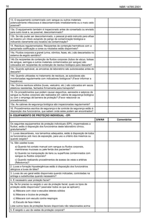 NBR 14785:200116
13. O equipamento contaminado com sangue ou outros materiais
potencialmente infecciosos é descontaminado imediatamente ou o mais cedo
possível?
13a. O equipamento também é inspecionado antes de consertado ou enviado
para outro local e, se possível, descontaminado?
13b. Se não puder ser descontaminado, o pessoal já está instruído para afixar
ao mesmo um rótulo avisando do perigo de contaminação biológica e
indicando claramente o(s) local(is) da contaminação?
14. Resíduos regulamentados: Recipientes de contenção herméticos com a
apropriada codificação a cores ou rotulados estão disponíveis?
14a. Fluidos corporais a granel (urina, vômitos, fezes, etc.) são descartados no
sistema de esgoto sanitário?
14b.Os recipientes de contenção de fluidos corporais (tubos de vácuo, bolsas
de sangue, seringas e outros materiais contaminados por sangue) são
colocados em recipientes de contenção de resíduo biológico para descarte?
14c. Quando aplicável, as amostras de laboratório são autoclavadas antes do
descarte?
14d. Quando utilizadas no tratamento de resíduos, as autoclaves são
monitorizadas regularmente com indicadores biológicos? (Favor informar a
freqüência)
14e. Outros resíduos sólidos (luvas, vestuário, etc.) são colocados em sacos
plásticos resistentes, fechados firmemente para transporte?
15. Os procedimentos que podem causar esguichos, aerossóis e salpicos de
sangue ou fluidos corporais são realizados em cabine de segurança biológica
ou com o emprego de barreira de proteção? (Favor relacionar os
procedimentos)
15a. As cabines de segurança biológica são inspecionadas regularmente?
16. Procedimentos escritos de segurança e de controle da segurança estão à
disposição dos funcionários, que sabem onde estes podem ser encontrados?
II- EQUIPAMENTO DE PROTEÇÃO INDIVIDUAL - EPI
S/N/NA Comentários
Os seguintes equipamentos de proteção individuais (EPI), impermeáveis a
fluidos, estão à disposição dos funcionários deste laboratório clínico,
gratuitamente?
1. Luvas descartáveis, nos tamanhos adequados, estão à disposição de todos
os funcionários sob risco de exposição, para uso a critério dos mesmos ou
quando exigido?
1a. São usadas luvas:
a) Quando há contato manual com sangue ou fluidos corporais,
membranas mucosas ou pele ferida dos pacientes?
b) Quando na manipulação de itens ou superfícies contaminados com
sangue ou fluidos corporais?
c) Quando realizando procedimentos de acesso às veias e artérias
(flebotomia)?
2. Luvas e forração hipoalergênicas estão à disposição dos funcionários
alérgicos a luvas de látex?
3. Luvas de uso geral estão disponíveis quando indicadas, controladas na
entrega e substituídas quando necessário?
4. É necessário usar proteção facial?
4a. Se for preciso ou exigido o uso de proteção facial, quais os tipos de
proteção estão disponíveis? (assinalar todos os que se aplicam):
a) Máscara com visor e escudos laterais sólidos
b) Máscara e óculos de proteção
c) Máscara com escudo contra respingos
d) Escudo de face inteira
Liste outros tipos de proteções faciais disponíveis não relacionados acima
5. É exigido o uso de vestes de proteção corporal?
Cópia não autorizada
 