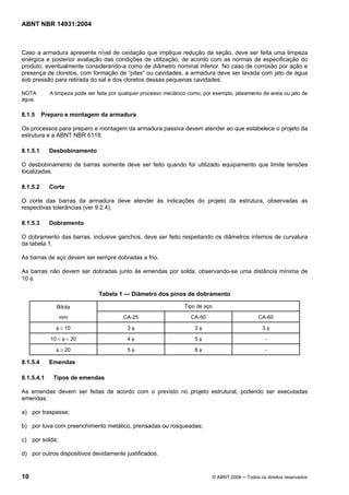 Licença de uso exclusivo para Target Engenharia e Consultoria S/C Ltda.
 
Cópia impressa pelo sistema CENWEB em 28/07/2004 
ABNT NBR 14931:2004 
Caso a armadura apresente nível de oxidação que implique redução da seção, deve ser feita uma limpeza 
enérgica e posterior avaliação das condições de utilização, de acordo com as normas de especificação do 
produto, eventualmente considerando-a como de diâmetro nominal inferior. No caso de corrosão por ação e 
presença de cloretos, com formação de “pites” ou cavidades, a armadura deve ser lavada com jato de água 
sob pressão para retirada do sal e dos cloretos dessas pequenas cavidades. 
NOTA A limpeza pode ser feita por qualquer processo mecânico como, por exemplo, jateamento de areia ou jato de 
água. 
8.1.5 Preparo e montagem da armadura 
Os processos para preparo e montagem da armadura passiva devem atender ao que estabelece o projeto da 
estrutura e a ABNT NBR 6118. 
8.1.5.1 Desbobinamento 
O desbobinamento de barras somente deve ser feito quando for utilizado equipamento que limite tensões 
localizadas. 
8.1.5.2 Corte 
O corte das barras da armadura deve atender às indicações do projeto da estrutura, observadas as 
respectivas tolerâncias (ver 9.2.4). 
8.1.5.3 Dobramento 
O dobramento das barras, inclusive ganchos, deve ser feito respeitando os diâmetros internos de curvatura 
da tabela 1. 
As barras de aço devem ser sempre dobradas a frio. 
As barras não devem ser dobradas junto às emendas por solda, observando-se uma distância mínima de 
10 φ. 
Tabela 1 — Diâmetro dos pinos de dobramento 
Bitola Tipo de aço 
mm CA-25 CA-50 CA-60 
φ ≤ 10 3 φ 3 φ 3 φ 
10 < φ < 20 4 φ 5 φ - 
φ ≥ 20 5 φ 8 φ - 
8.1.5.4 Emendas 
8.1.5.4.1 Tipos de emendas 
As emendas devem ser feitas de acordo com o previsto no projeto estrutural, podendo ser executadas 
emendas: 
a) por traspasse; 
b) por luva com preenchimento metálico, prensadas ou rosqueadas; 
c) por solda; 
d) por outros dispositivos devidamente justificados. 
10 © ABNT 2004 ─ Todos os direitos reservados 
 