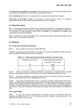 ABNT NBR 14931:2004 
Licença de uso exclusivo para Target Engenharia e Consultoria S/C Ltda.
 
Cópia impressa pelo sistema CENWEB em 28/07/2004 
C.2.14 perda por acomodação da ancoragem: Perda de alongamento prevista e previamente determinada, 
para cada tipo de ancoragem, que ocorre durante a operação de cravação. 
C.2.15 deslizamento: Movimento não desejável entre a armadura de protensão e a ancoragem. 
C.2.16 zona de ancoragem: Região de uma peça de concreto onde se situam as ancoragens, 
especialmente reforçada, para atender aos esforços locais que aí se manifestam. 
C.3 Requisitos gerais 
C.3.1 A execução do concreto protendido exige o conhecimento completo e a experiência desse tipo de 
obra. Deve o proprietário da obra comprovar e assegurar-se da experiência e da capacidade dos engenheiros 
e dos técnicos que dela participam, assim como da qualidade e da eficiência dos materiais, dos 
equipamentos e dos métodos utilizados. 
C.3.2 O engenheiro ou técnico especializado deve estar presente durante a execução das etapas da obra 
relacionadas com a execução da protensão. 
C.4 Materiais 
C.4.1 Aços para armadura de protensão 
C.4.1.1 Devem satisfazer os requisitos da ABNT NBR 7483. 
A tabela C.1 apresenta, de maneira orientativa, as massas do conjunto da cordoalha CP190 RB mais graxa 
mais capa plástica de PEAD para protensão não aderente. 
Tabela C.1 — Massa aproximada em função do diâmetro nominal da capa 
Diâmetro nominal da capa 
mm 
Massa aproximada do conjunto 
(cordoalha + capa + graxa) 
kg/km 
15 
18 
880 
1 240 
C.4.1.2 Devem ser tomados os cuidados necessários à manutenção da integridade física do produto 
durante a manipulação e estocagem. Em particular, quanto à perda da proteção de graxa mais capa. 
C.4.1.3 Caso seja indispensável a execução de solda próximo aos aços para armadura de protensão, 
deve ser usada proteção que garanta a integridade dos mesmos. 
C.4.1.4 O aço deve ser estocado sobre o piso, ou pranchado de madeira, distando pelo menos 0,30 m 
do solo. Os cuidados para armazenamento devem aumentar em função de tempo de permanência do aço em 
estoque e das condições do ambiente. Recomenda-se que o aço seja estocado na embalagem original do 
fornecedor. Os cabos não devem ser mantidos sob o sol por mais de três meses para evitar danificação da 
capa plástica, a menos que o fabricante do mesmo garanta proteção anti-raios ultravioleta na composição da 
capa. 
C.4.2 Capas PEAD 
C.4.2.1 As capas que revestem individualmente as cordoalhas devem ser de polietileno PEAD com 
espessura de parede mínima de 1 mm e ter seção circular com diâmetro interno que permita o livre 
movimento da cordoalha em seu interior. 
© ABNT 2004 ─ Todos os direitos reservados 47 
 