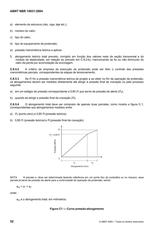 Licença de uso exclusivo para Target Engenharia e Consultoria S/C Ltda.
 
Cópia impressa pelo sistema CENWEB em 28/07/2004 
ABNT NBR 14931:2004 
a) elemento da estrutura (vão, viga, laje etc.); 
b) número do cabo; 
c) tipo do cabo; 
d) tipo do equipamento de protensão; 
e) pressão manométrica teórica a aplicar; 
f) alongamento teórico total previsto, corrigido em função dos valores reais da seção transversal e do 
módulo de elasticidade, em relação ao previsto em C.8.2-b), mencionando se foi ou não diminuído do 
valor da perda por acomodação da ancoragem. 
C.8.5.2 A critério da empresa da execução da protensão pode ser feito o controle das pressões 
manométricas parciais, correspondentes às etapas de tensionamento. 
C.8.5.3 Se Pt for a pressão manométrica teórica de projeto a se obter no fim da operação de protensão, 
os alongamentos devem ser medidos diretamente até atingir a pressão final de cravação ou pelo processo 
seguinte: 
a) em um estágio de pressão correspondente a 0,85 Pt que serve de pressão de alerta (Pa); 
b) quando se atingir a pressão final de cravação (Pf). 
C.8.5.4 O alongamento total deve ser composto de apenas duas parcelas, como mostra a figura C.1, 
correspondentes aos alongamentos medidos entre: 
a) P0 (ponto zero) e 0,85 Pt (pressão teórica); 
b) 0,85 Pt (pressão teórica) e Pf (pressão final de cravação). 
NOTA A parcela e1 deve ser determinada fazendo referência em um ponto fixo da cordoalha ou no macaco; essa 
parcela já serve de pressão de alerta para a continuidade da operação de protensão, sendo: 
etot = e1 + e0 
onde: 
etot é o alongamento total, em milímetros. 
Figura C1 — Curva pressão-alongamento 
52 © ABNT 2004 ─ Todos os direitos reservados 
 