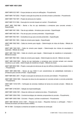 Licença de uso exclusivo para Target Engenharia e Consultoria S/C Ltda.
 
Cópia impressa pelo sistema CENWEB em 28/07/2004 
ABNT NBR 14931:2004 
ABNT NBR 6123:1987 – Forças devidas ao vento em edificações – Procedimento 
ABNT NBR 7187:2003 – Projeto e execução de pontes de concreto armado e protendido – Procedimento 
ABNT NBR 7190:1997 – Projeto de estruturas de madeira 
ABNT NBR 7212:1984 – Execução de concreto dosado em central – Procedimento 
ABNT NBR 7480:1996 – Barras e fios de aço destinados a armaduras para concreto armado – 
Especificação 
ABNT NBR 7481:1990 – Tela de aço soldada – Armadura para concreto – Especificação 
ABNT NBR 7482:1991 – Fios de aço para concreto protendido – Especificação 
ABNT NBR 7483:1991 – Cordoalhas de aço para concreto protendido – Especificação 
ABNT NBR 7681:1983 – Calda de cimento para injeção – Especificação 
ABNT NBR 7682:1983 – Calda de cimento para injeção – Determinação do índice de fluidez – Método de 
ensaio 
ABNT NBR 7683:1983 – Calda de cimento para injeção – Determinação dos índices de exsudação e 
expansão – Método de ensaio 
ABNT NBR 7684:1983 – Calda de cimento para injeção – Determinação da resistência à compressão – 
Método de ensaio 
ABNT NBR 7685:1983 – Calda de cimento para injeção – Determinação da vida útil – Método de ensaio 
ABNT NBR 8548:1984 – Barras de aço destinadas a armaduras para concreto armado com emenda 
mecânica ou por solda – Determinação da resistência à tração – Método de ensaio 
ABNT NBR 8800:1986 – Projeto e execução de estruturas de aço de edifícios (métodos dos estados limites) 
– Procedimento 
ABNT NBR 8965:1985 – Barras de aço CA42 S com características de soldabilidade destinadas a 
armaduras para concreto armado – Especificação 
ABNT NBR 9062: 2001 – Projeto e execução de estruturas de concreto pré-moldado – Procedimento 
ABNT NBR 10839:1989 – Execução de obras de arte especiais em concreto armado e concreto protendido 
– Procedimento 
ABNT NBR 11919:1978 – Verificação de emendas metálicas de barras de concreto armado – Método de 
ensaio 
ABNT NBR 12190:2001 – Seleção da impermeabilização 
ABNT NBR 12284:1991 – Áreas de vivência em canteiros de obras – Procedimento 
ABNT NBR 12654:1992 – Controle tecnológico de materiais componentes do concreto – Procedimento 
ABNT NBR 12655:1996 – Concreto – Preparo, controle e recebimento – Procedimento 
ABNT NBR NM-ISO 3310-1:1997 – Peneiras de ensaio – Requisitos técnicos e verificação – Parte 1: 
Peneiras de ensaio com tela de tecido metálico 
NR 18:1998 – Condições e ambiente de trabalho na indústria da construção 
2 © ABNT 2004 ─ Todos os direitos reservados 
 