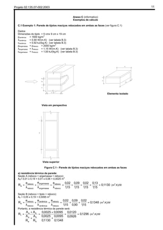 Projeto 02:135.07-002:2003 11
Anexo C (informativo)
Exemplos de cálculo
C.1 Exemplo 1: Parede de tijolos maciços rebocados em ambas as faces (ver figura C.1)
Dados:
Dimensões do tijolo = 5 cmx 9 cm x 19 cm
ρcerâmica = 1600 kg/m3
λcerâmica = 0,90 W/(m.K) (ver tabela B.3)
ccerâmica = 0,92 kJ/(kg.K) (ver tabela B.3)
ρargamassa = ρreboco = 2000 kg/m3
λargamassa = λreboco = 1,15 W/(m.K) (ver tabela B.3)
cargamassa = creboco = 1,00 kJ/(kg.K) (ver tabela B.3)
Vista em perspectiva
Elemento isolado
Vista superior
Figura C.1 - Parede de tijolos maciços rebocados em ambas as faces
a) resistência térmica da parede:
Seção A (reboco + argamassa + reboco):
Aa= 0,01 x 0,19 + 0,01 x 0,06 = 0,0025 m2
1130,0
15,1
13,0
15,1
02,0
15,1
09,0
15,1
02,0eee
R
reboco
reboco
amassaarg
amassaarg
reboco
reboco
a ==++=
λ
+
λ
+
λ
= (m
2
.K)/W
Seção B (reboco + tijolo + reboco):
Ab = 0,05 x 0,19 = 0,0095 m
2
1348,0
15,1
02,0
90,0
09,0
15,1
02,0eee
R
reboco
reboco
cerâmica
cerâmica
reboco
reboco
b =++=
λ
+
λ
+
λ
= (m2
.K)/W
Portanto, a resistência térmica da parede será:
1296,0
0926,0
0120,0
1348,0
0095,0
1130,0
0025,0
0095,00025,0
R
A
R
A
AA
R
b
b
a
a
ba
t ==
+
+
=
+
+
= (m2
.K)/W
Fluxo de Calor
Direção horizontal
13
6
Determina a área da superfície da
argamassa/reboco para calcular
Cálculo simples porque materiais
tem as mesmas características
Cálculo mais elaborado porque materiais
tem características diferentes
Determina a área da superfície do
tijolo para calcular
Relação entre
diferença de
temperatura
entre as
superfícies e a
densidade do
fluxo de calor
seção A
seção B
 