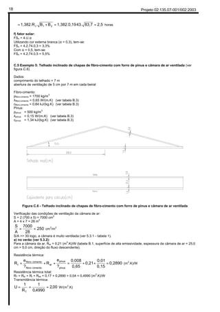 Projeto 02:135.07-001/002:200318
2,583,743.1,382.0,19BB.1,382.R 21t ==+=ϕ horas
f) fator solar:
FSo = 4.U.α
Utilizando cor externa branca (α = 0,3), tem-se:
FSo = 4.2,74.0,3 = 3,3%
Com α = 0,5, tem-se:
FSo = 4.2,74.0,5 = 5,5%
C.5 Exemplo 5: Telhado inclinado de chapas de fibro-cimento com forro de pinus e câmara de ar ventilada (ver
figura C.6)
Dados:
comprimento do telhado = 7 m
abertura de ventilação de 5 cm por 7 m em cada beiral
Fibro-cimento:
ρfibro-cimento = 1700 kg/m3
λfibro-cimento = 0,65 W/(m.K) (ver tabela B.3)
cfibro-cimento = 0,84 kJ/(kg.K) (ver tabela B.3)
Pinus:
ρpinus = 500 kg/m3
λpinus = 0,15 W/(m.K) (ver tabela B.3)
cpinus = 1,34 kJ/(kg.K) (ver tabela B.3)
¦
Figura C.6 - Telhado inclinado de chapas de fibro-cimento com forro de pinus e câmara de ar ventilada
Verificação das condições de ventilação da câmara de ar:
S = 2 (700 x 5) = 7000 cm2
A = 4 x 7 = 28 m2
250
28
7000
A
S
== cm
2
/m
2
S/A >> 30 logo, a câmara é muito ventilada (ver 5.3.1 - tabela 1).
a) no verão (ver 5.3.2):
Para a câmara da ar, Rar = 0,21 (m2
.K)/W (tabela B.1, superfície de alta emissividade, espessura da câmara de ar = 25,0
cm > 5,0 cm, direção do fluxo descendente).
Resistência térmica:
0,2890
0,15
0,01
0,21
0,65
0,008
?
e
R
?
e
R
pinus
pinus
ar
cimentofibro
cimentofibro
t =++=++=
−
−
(m2
.K)/W
Resistência térmica total:
RT = Rsi + Rt + Rse = 0,17 + 0,2890 + 0,04 = 0,4990 (m2
.K)/W
Transmitância térmica:
00,2
4990,0
1
R
1
U
T
=== W/(m2
.K)
. amarela FSo = 100.U.α.Rse
FSo = 100x2,74x0,3x0,04
FSo = 3,288 --> 3,29% -->3,3%
dados do fabricante do material
4m
2m
Quantidade de radiação
emitida em relação a um
corpo negro sob a
mesma temperatura
Pressupondo equivalência entre:
cimento / concreto / fibrocimento
Fluxo de Calor
verão
- (p4))
Fluxo de Calor - Direção descente
Tab.A1 (p.7)
inverno
 